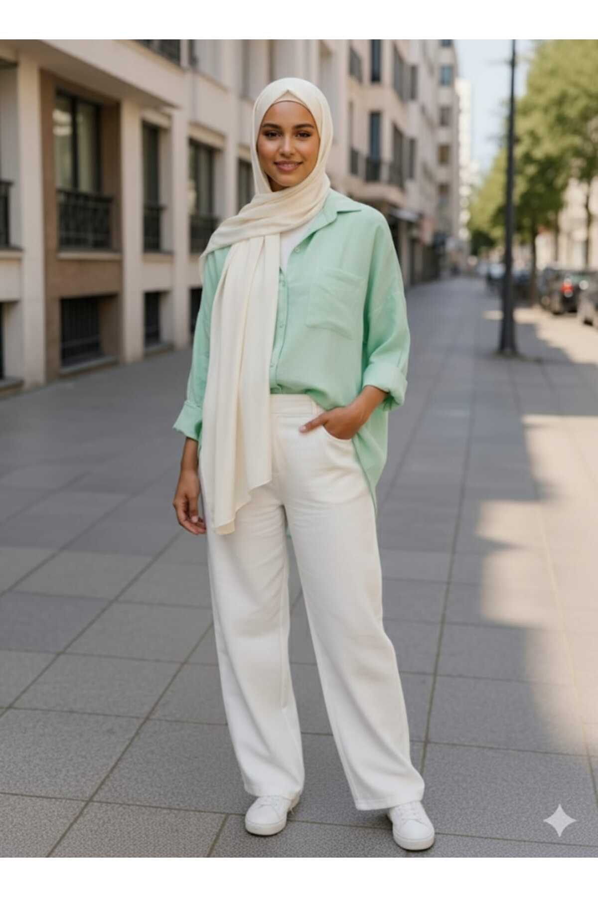 blackbonds  Kadın Keten mint yeşili Gömlek Yazlık Oversize Gömlek Yeni Sezon - Görsel 7