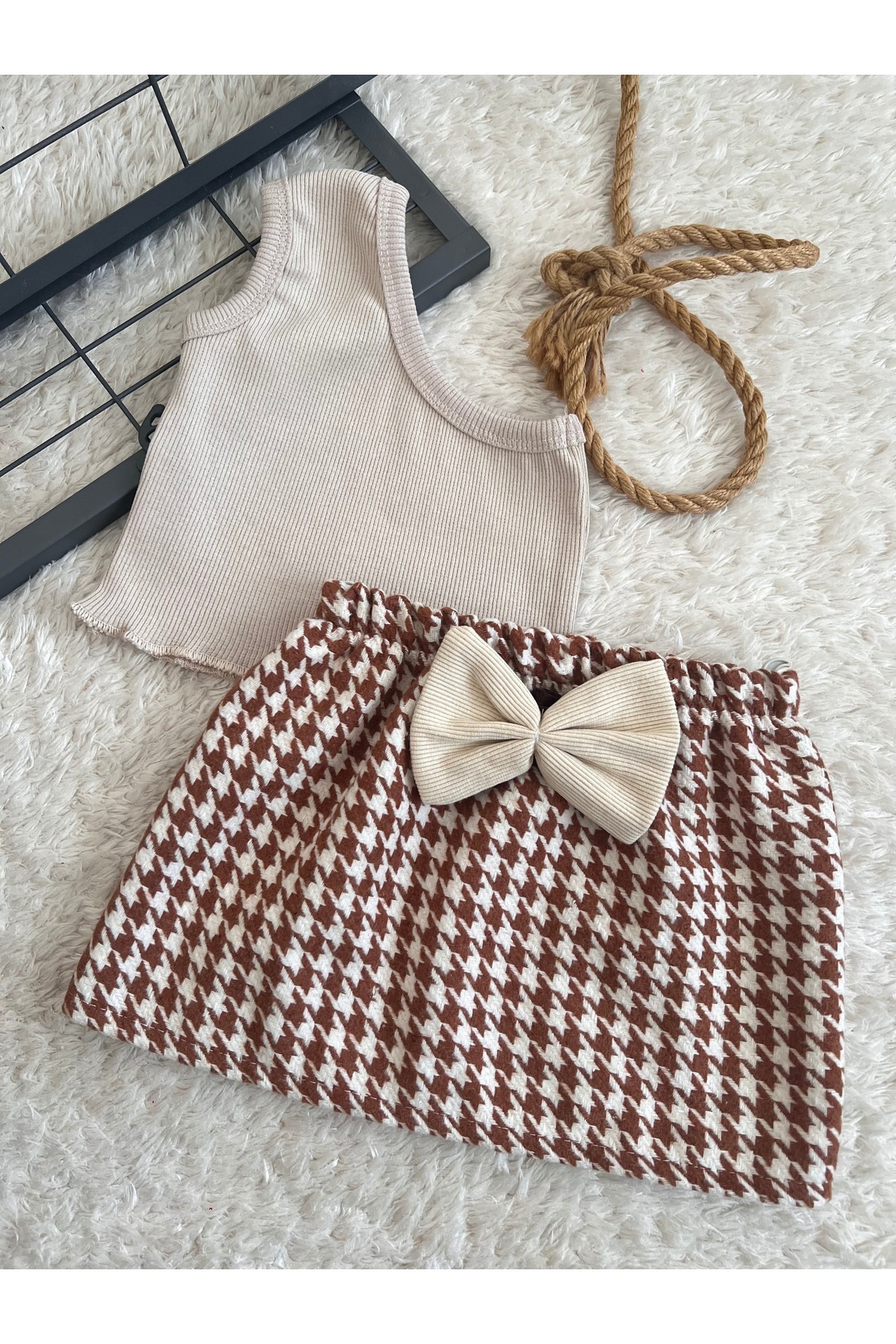 BAHNUR BEBEK ÇOCUK BEJ KAHVERENGi TEK KOL CROP ETEK SETİ TAKIMI ALT ÜST TAKIM fotoğrafı 2 (önizleme)