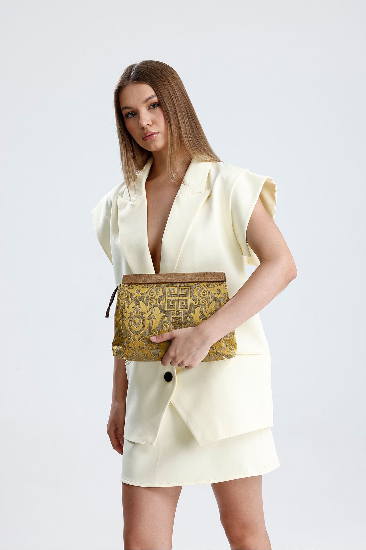 کیف کلاچ زنانه طرح سنتی خردلی هیبز