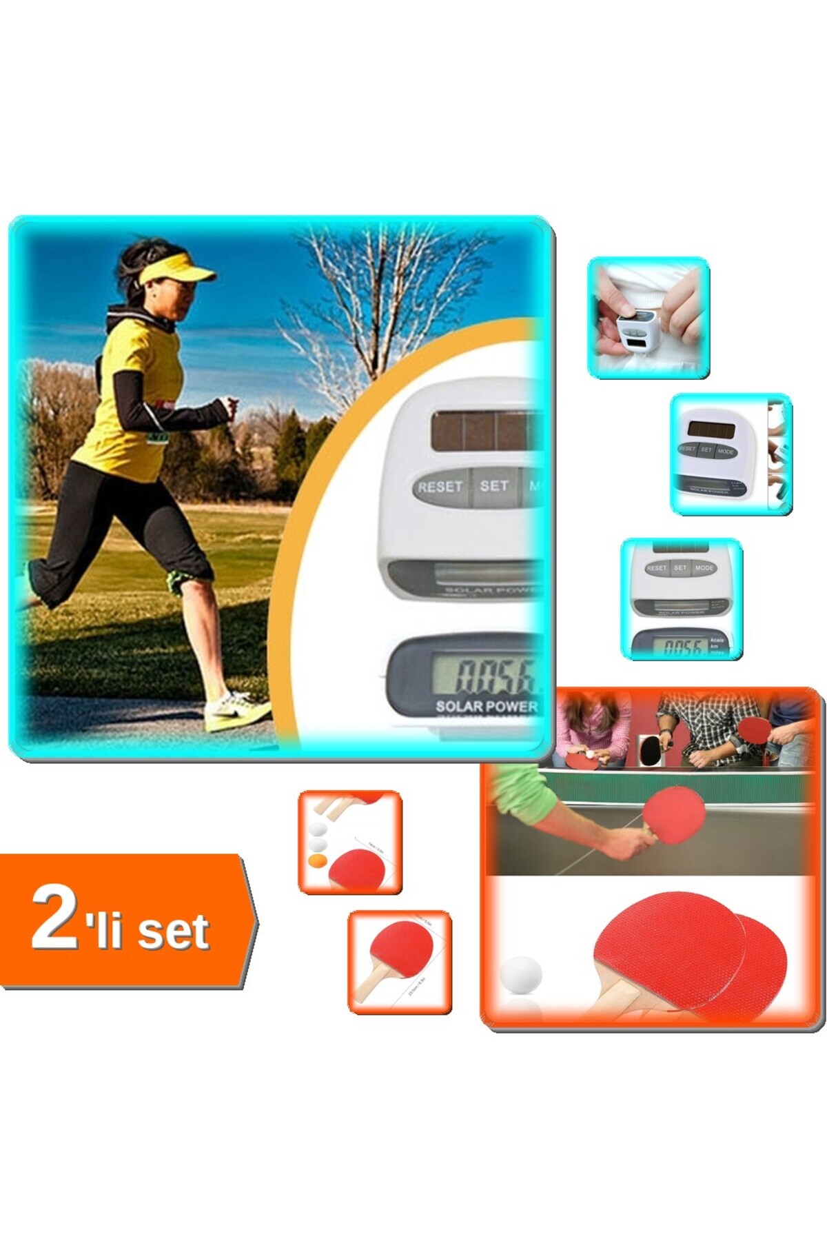 HerEveOyuncak Kalori Ölçer Güneş Enerjili Pedometre Spor Sayacı + Masa Tenisi Ping Pong 2li Set | 9F2LXA (AK)