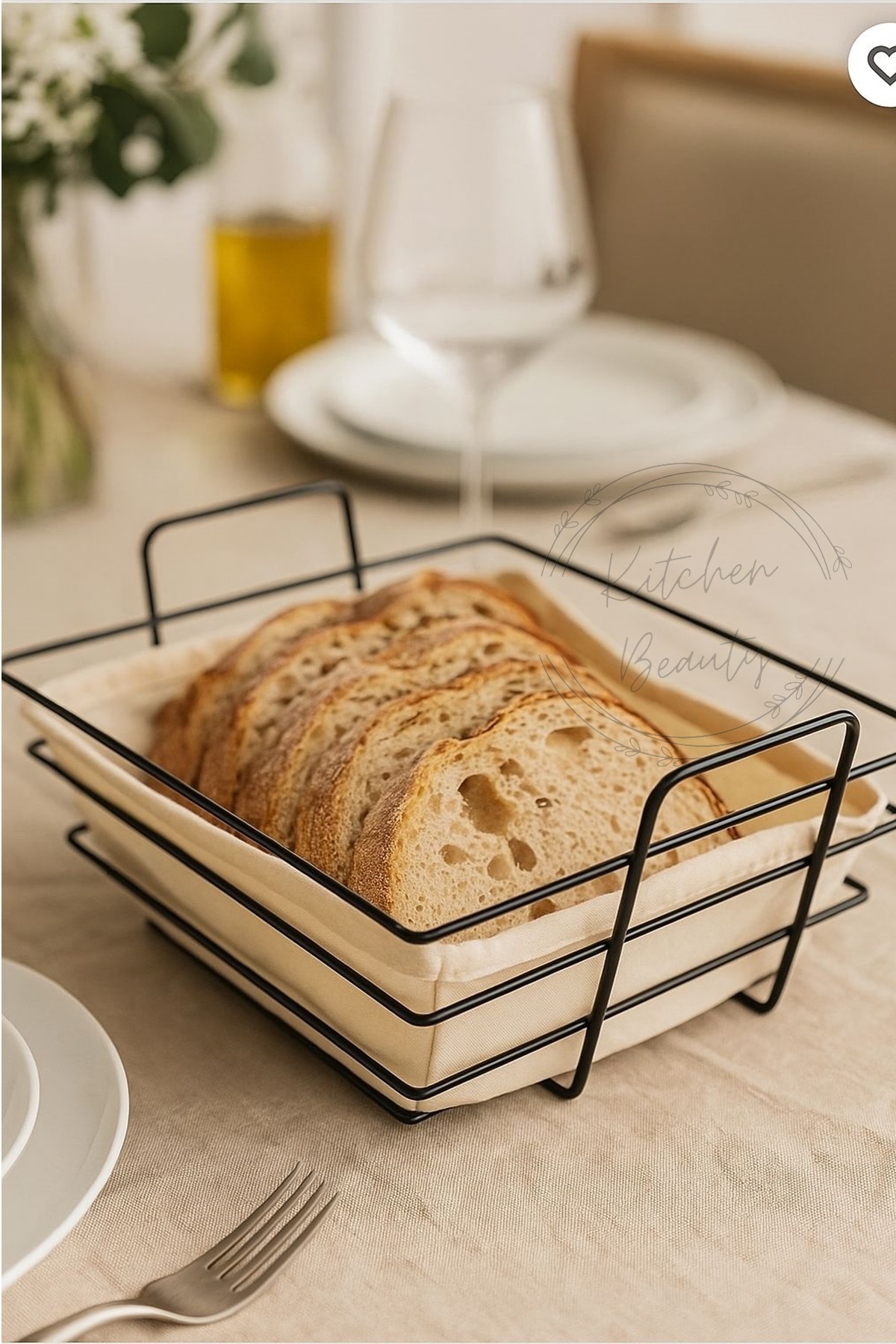 Kitchen Beauty Metal Siyah Şeritli Kare Ekmeklik Kumaş Kare Ekmeklik Ekmek Sepeti 22X22 CM