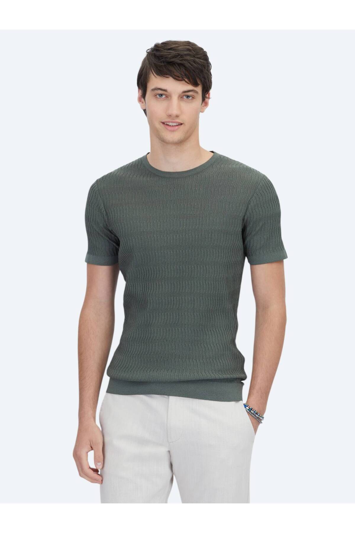 ژاکت بافتنی طرح‌دار یقه گرد خاکی Kip