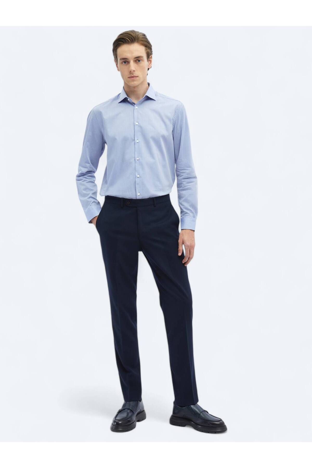 Navy Blue Plain Weave Fitted Fit Classic Trousers