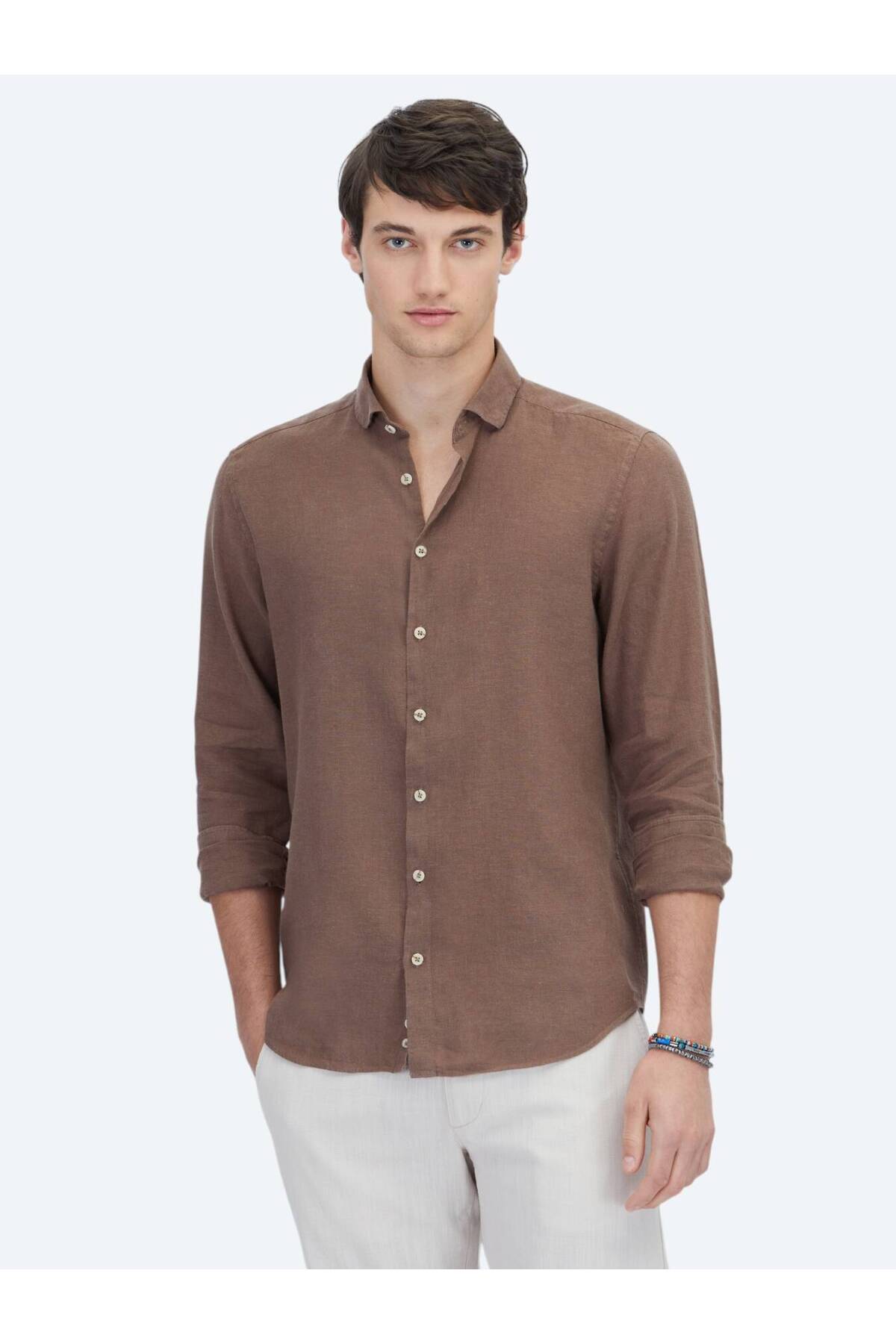 پیراهن نخی ساده قهوه‌ای طرح معمولی بافته شده Kip