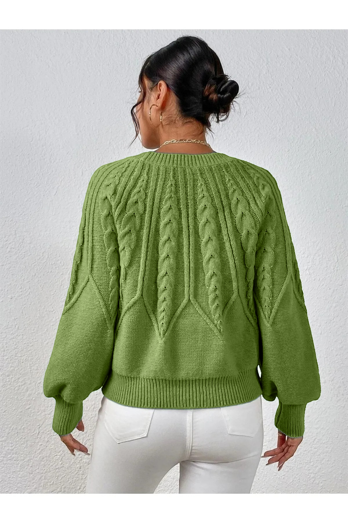 AQE FASHION  Saç Örgülü Bisiklet Yaka Italyan Kol Triko Fıstık Yeşili Kazak - Görsel 2