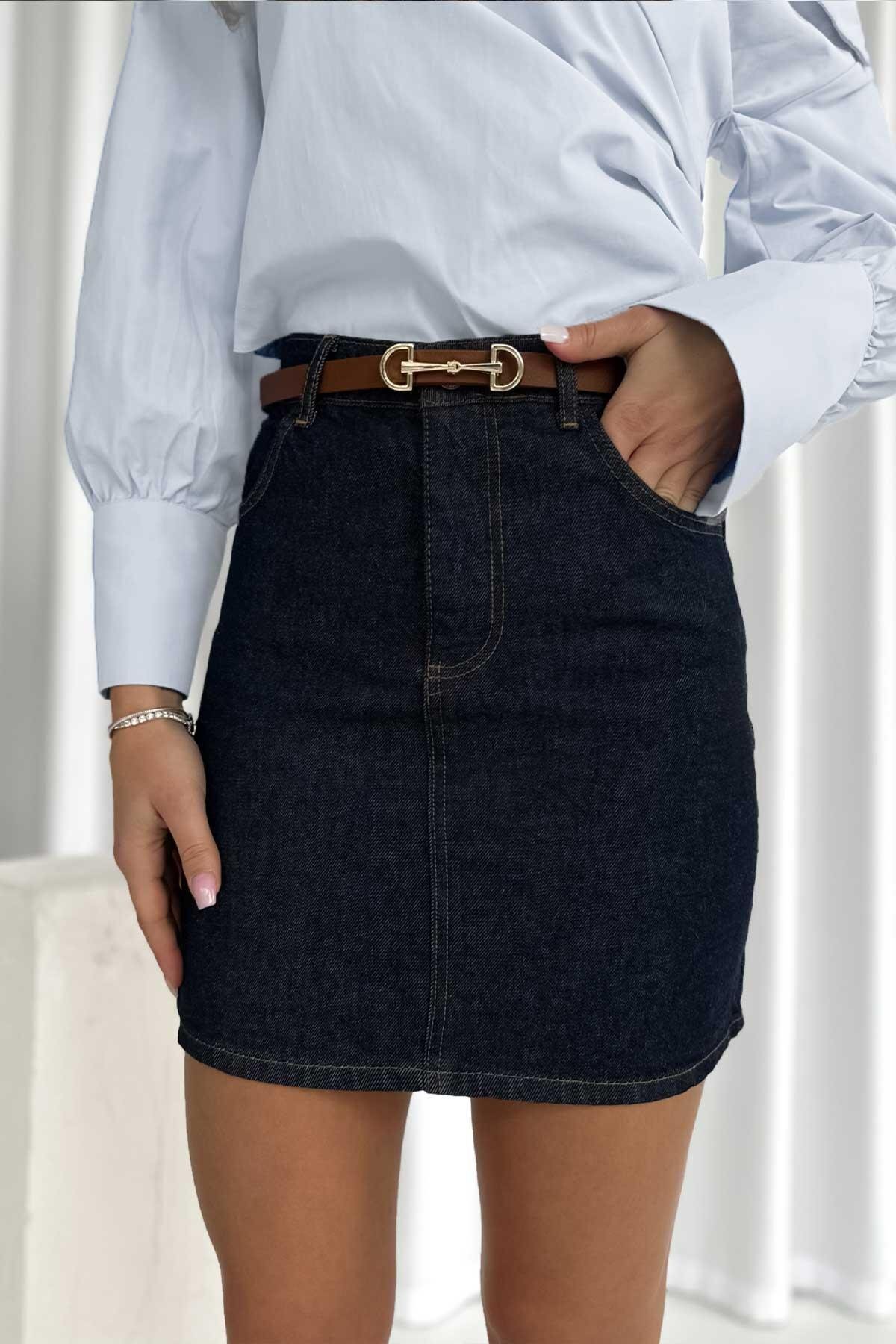 Mine Tan Butik Námořnická modrá krátká džínová sukně