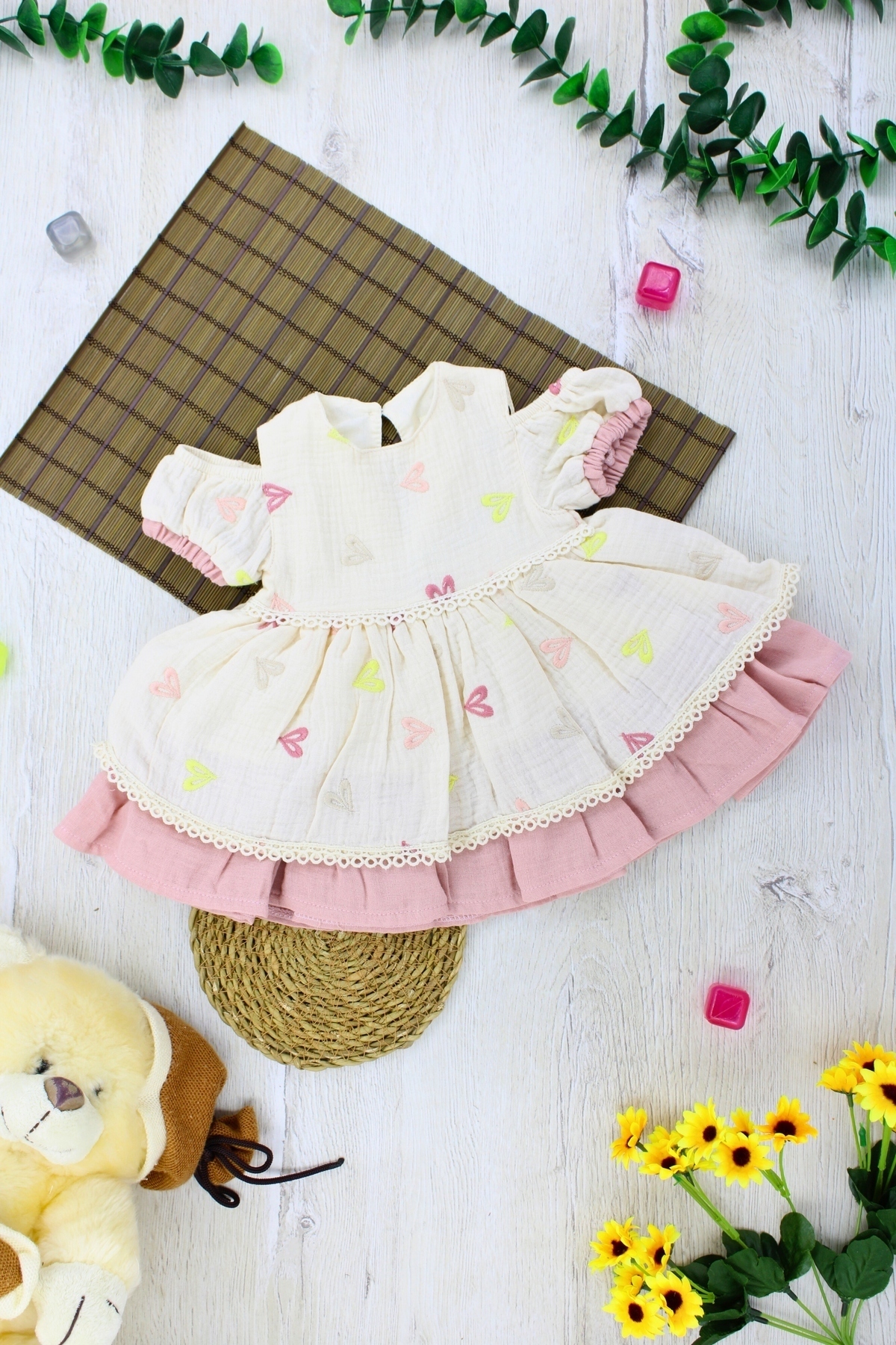 EYMİRGİYİM Kalp Nakışlı Yazlık Elbise Kız Bebek Çocuk 6 Ay, 9 Ay, 12 Ay, 18 Ay fotoğrafı 2 (önizleme)