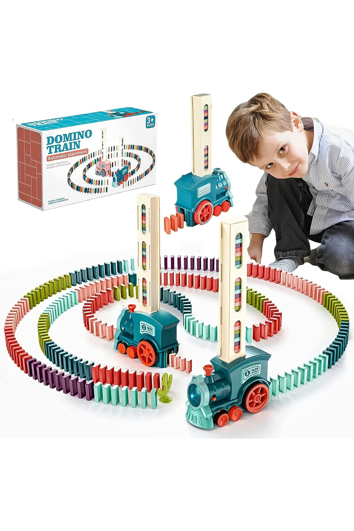 مجموعه قطار دومینو با چراغ‌ها و صداها، ۶۰ بلوک رنگارنگ، اسباب‌بازی آموزشی ساختنی STEM برای سنین مختلف