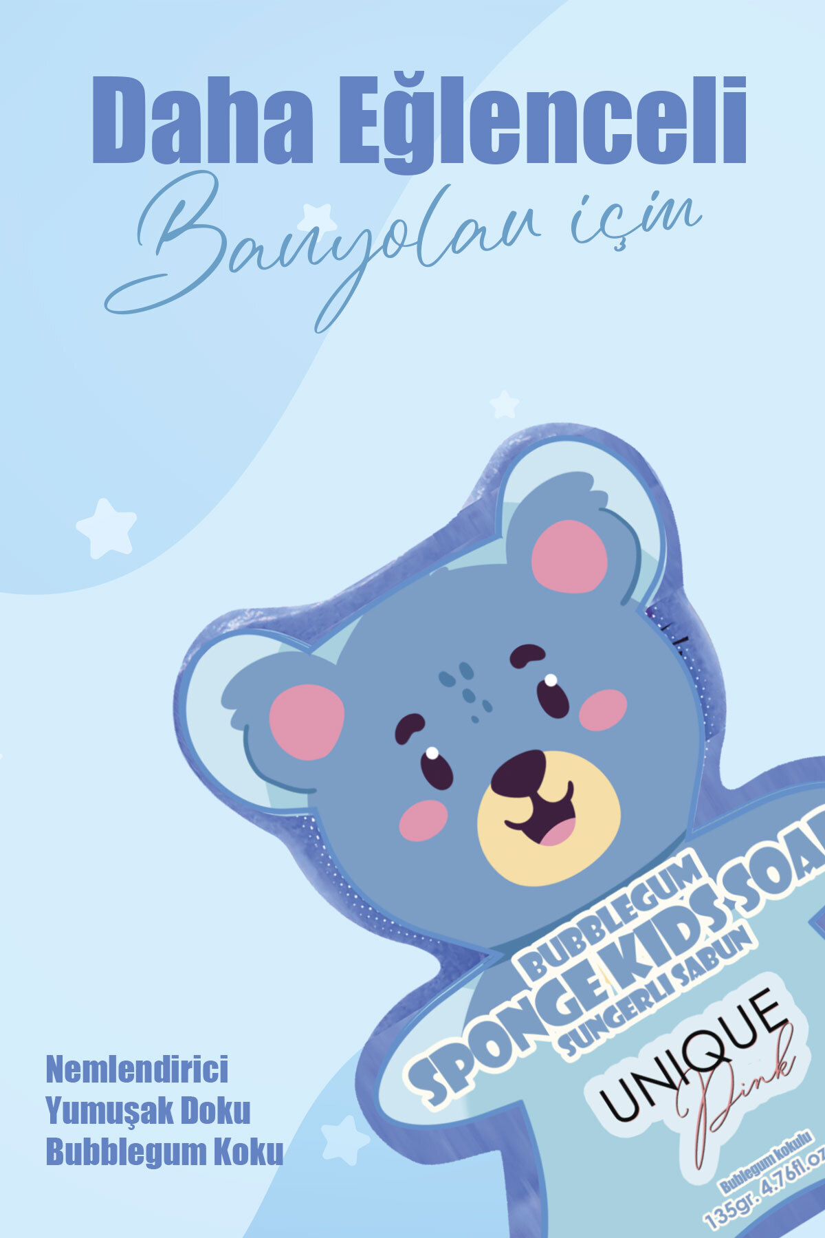 Unique Pink Nemlendirici ve Bubblegum Kokulu Mavi Süngerli Çocuk Sabunu 135gr. fotoğrafı 3 (önizleme)