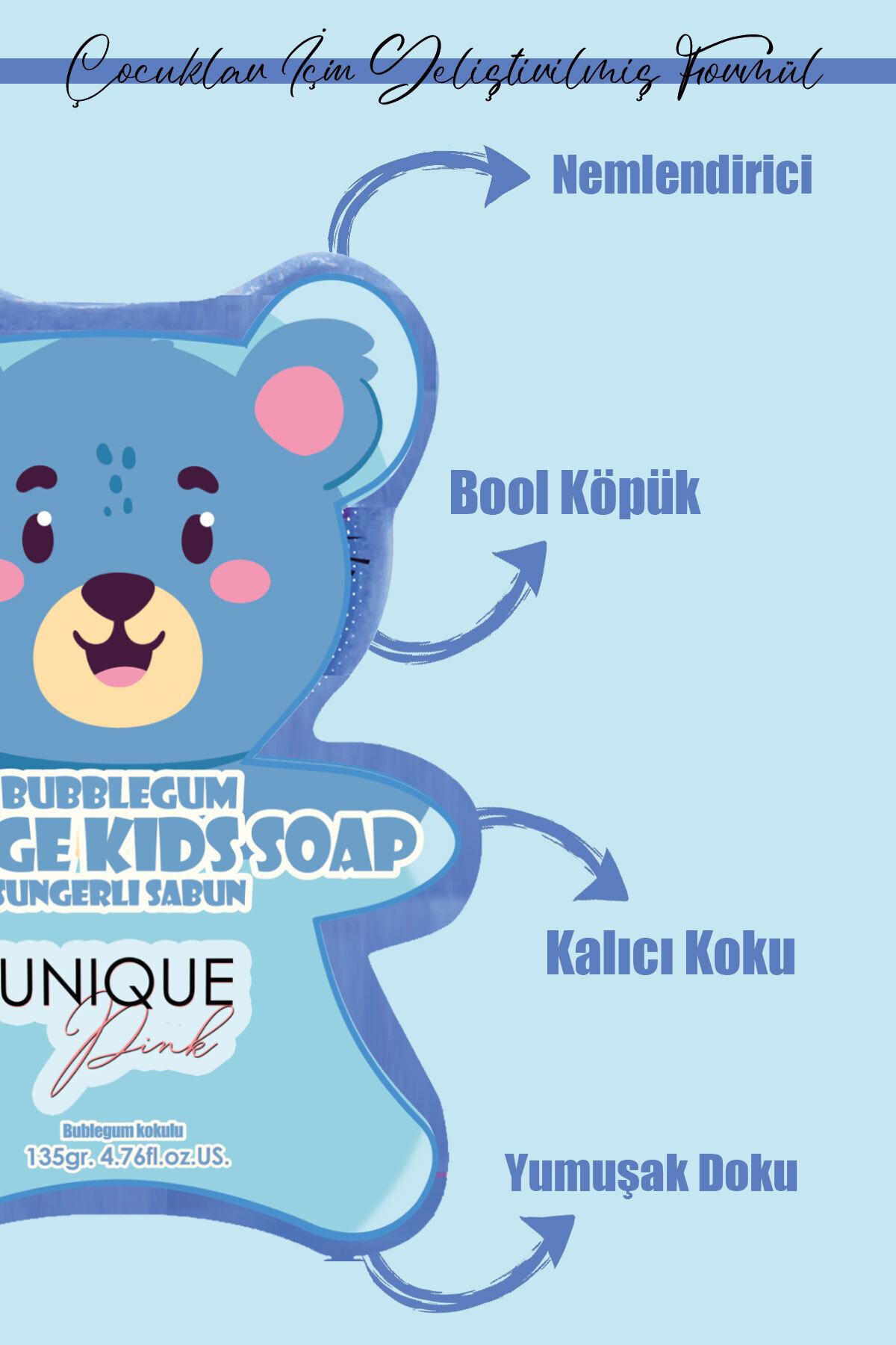 Unique Pink Nemlendirici ve Bubblegum Kokulu Mavi Süngerli Çocuk Sabunu 135gr. fotoğrafı 2 (önizleme)