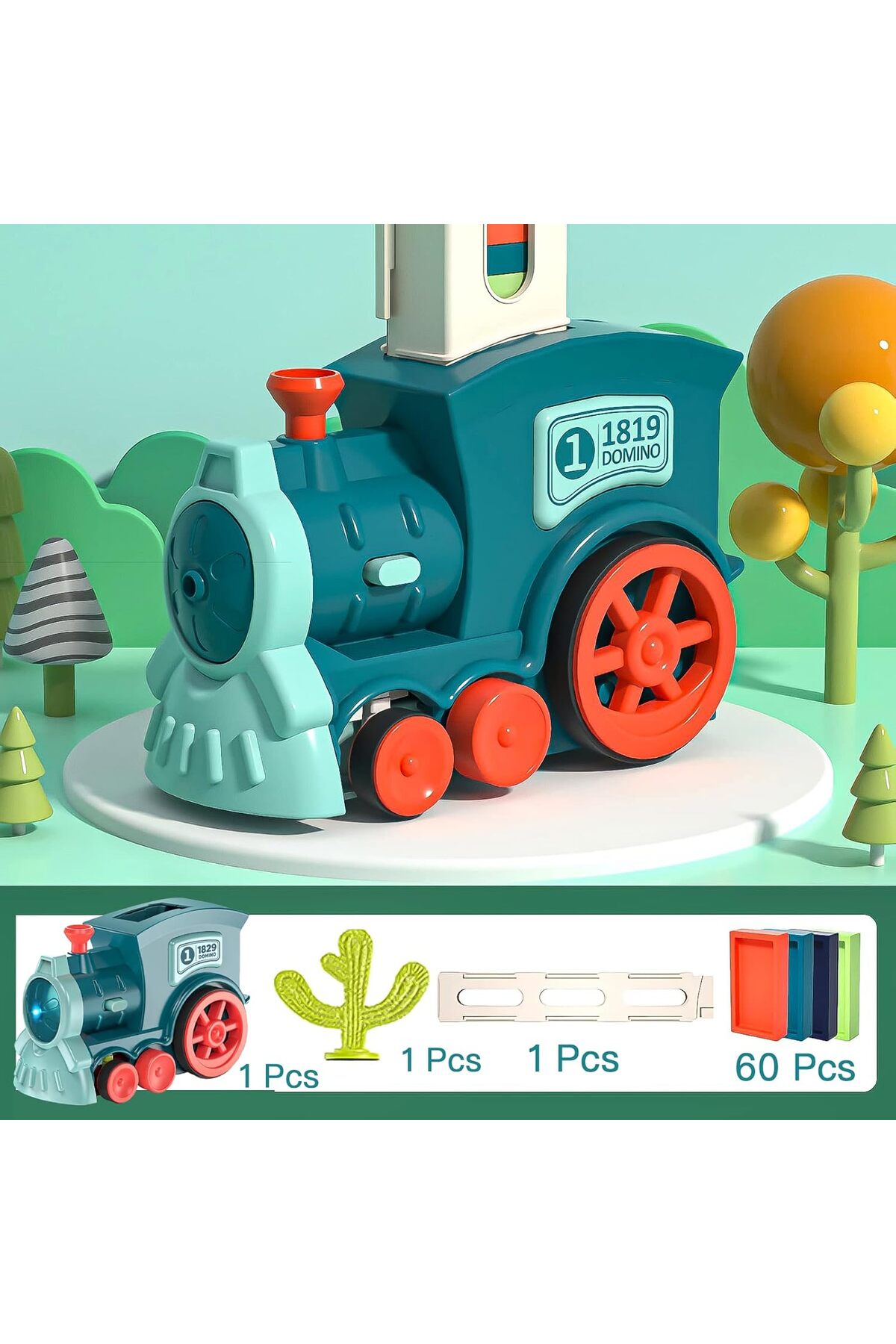 مجموعه قطار دومینو با چراغ‌ها و صداها، ۶۰ بلوک رنگارنگ، اسباب‌بازی آموزشی ساختنی STEM برای سنین مختلف