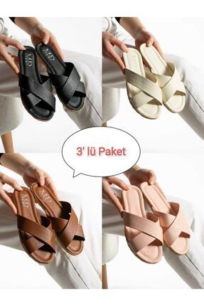 Moda Devrin 3'lü Paket Çapraz Kadın Terlik Dış Mekan Ve Ev Terliği Çeyiz Bohç...