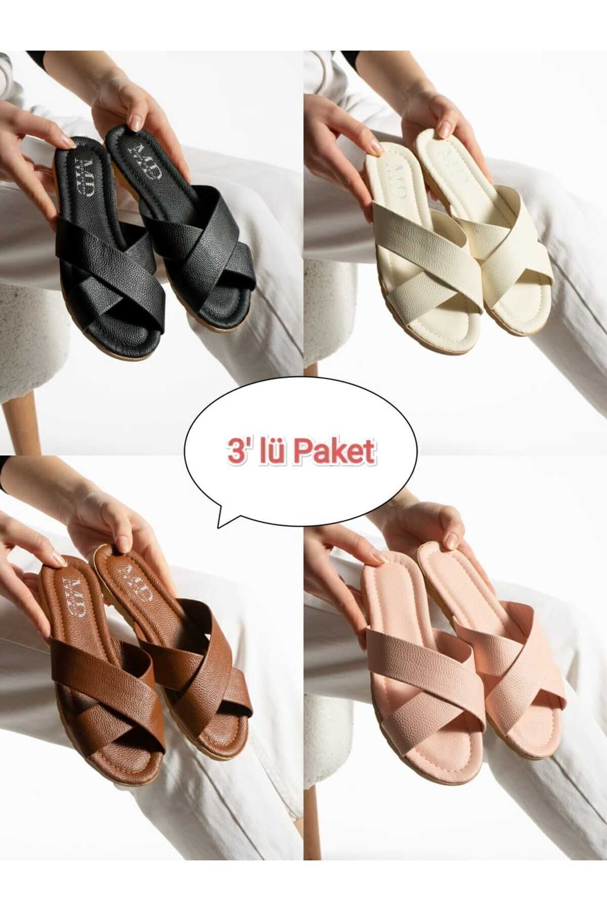 Moda Devrin 3'lü Paket Çapraz Kadın Terlik Dış Mekan Ve Ev Terliği Çeyiz Bohça Seti