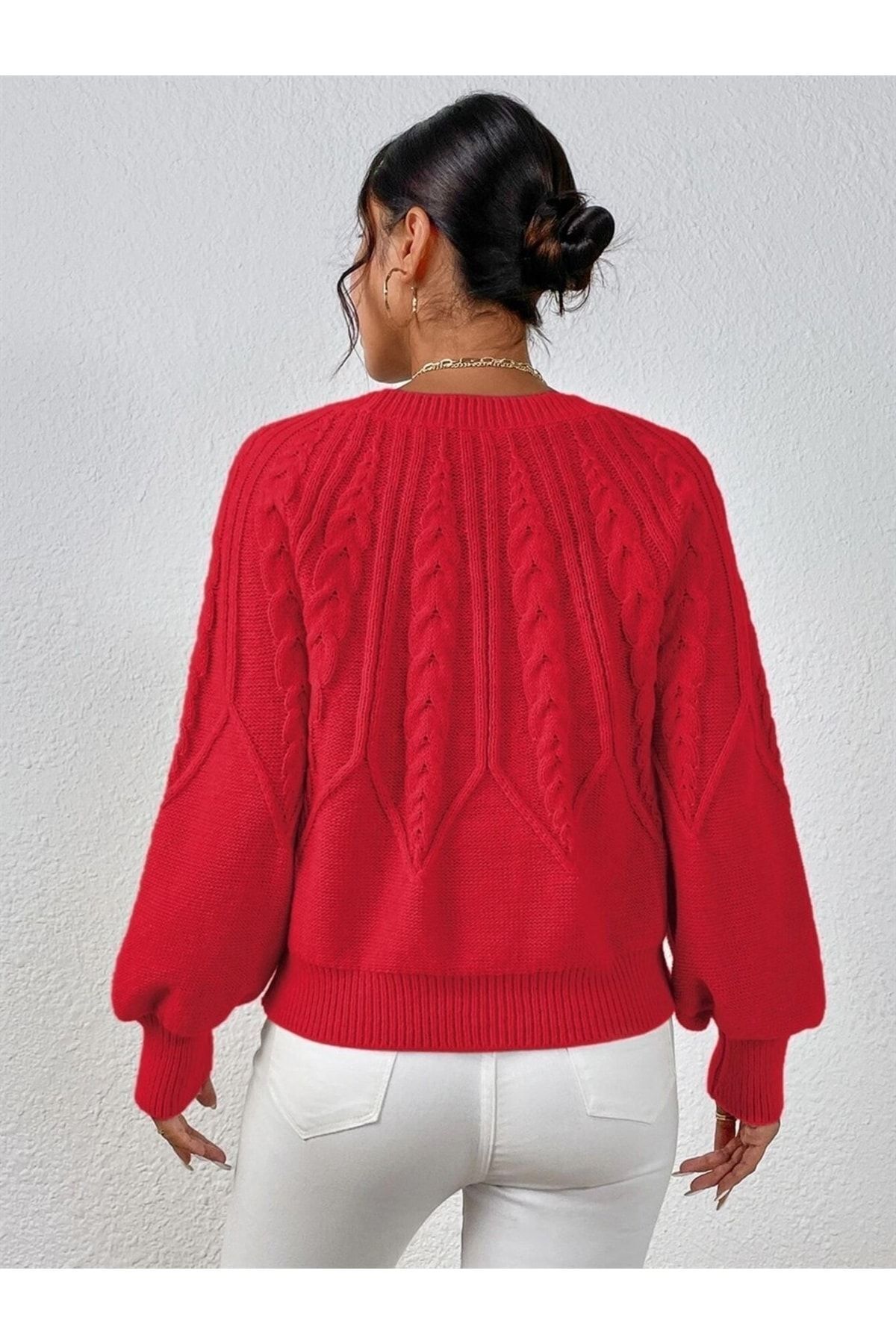 AQE FASHION  Saç Örgülü Bisiklet Yaka Italyan Kol Triko Kırmızı Kazak - Görsel 7