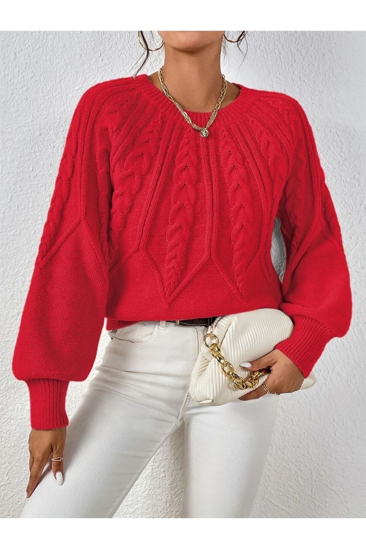 AQE FASHION  Saç Örgülü Bisiklet Yaka Italyan Kol Triko Kırmızı Kazak - Görsel 3