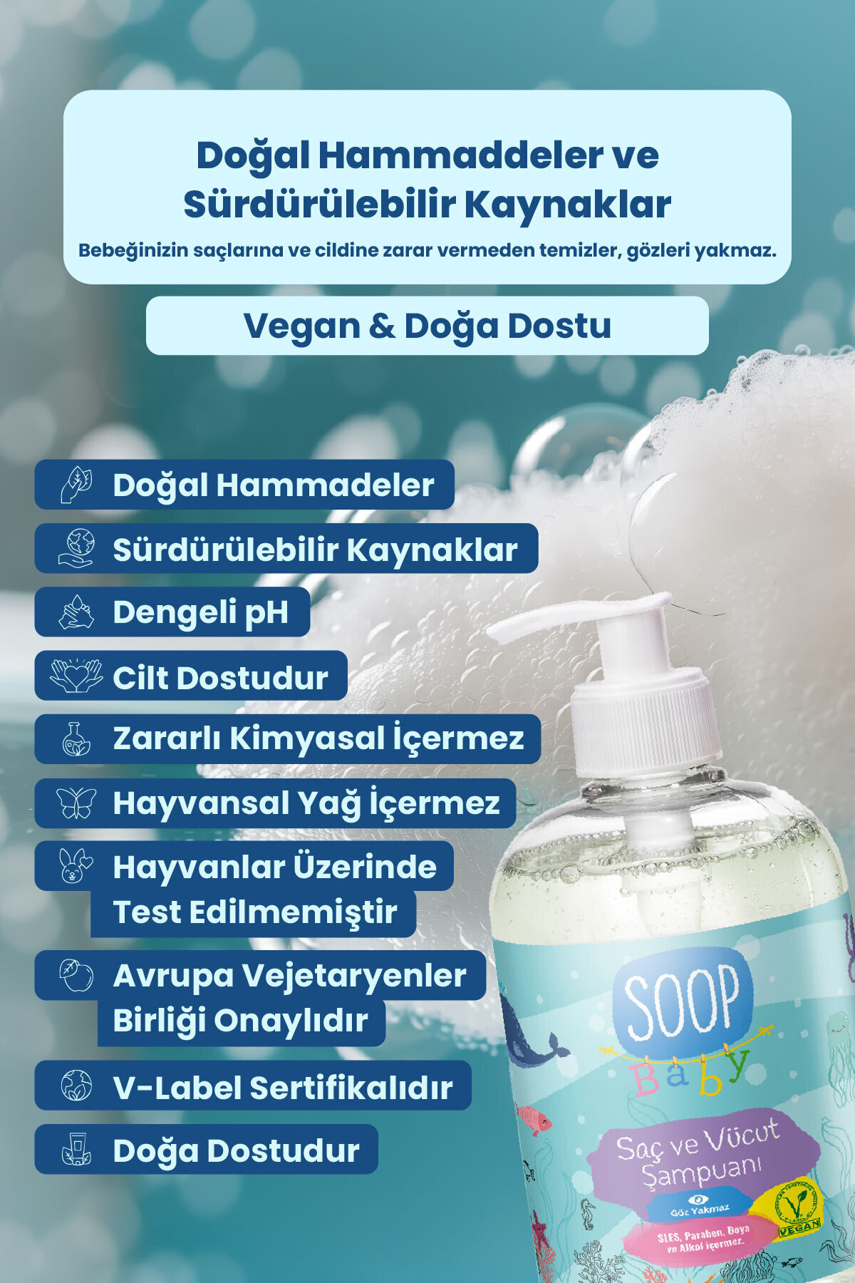 SOOP %100 Doğal Bebek ve Çocuk Şampuanı 2x500 mL Göz Yakmayan, Saç & Vücut fotoğrafı 4 (önizleme)