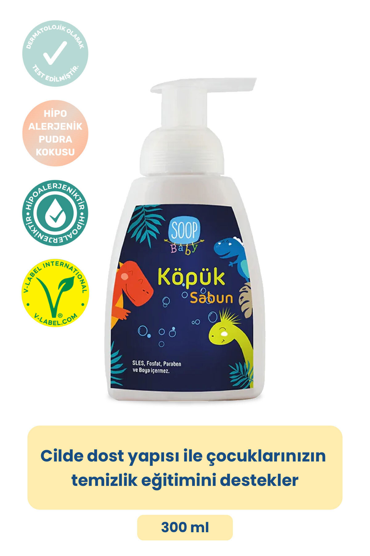 SOOP %100 Doğal Çocuk Köpük Sabun Dinozor 2x300 mL Pudra Kokulu Bitkisel Hipoalerjenik fotoğrafı 2 (önizleme)