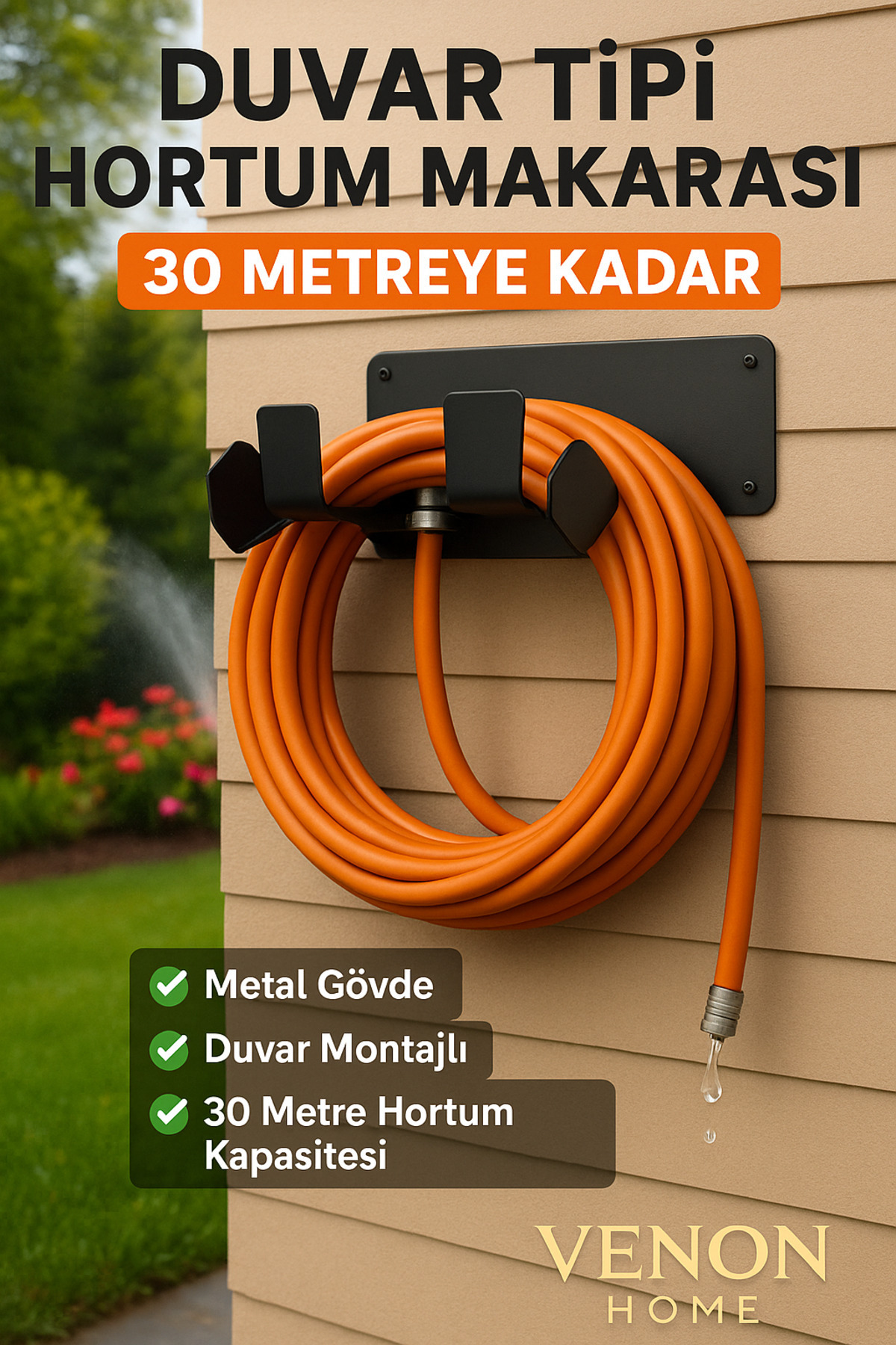 VENON Duvar Tipi Metal Hortum Askısı Siyah Metal Hortum Askılığı - Bahçe Hortumu Tutucu Kanca Aparat