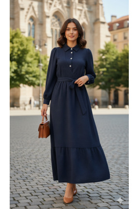 MYA Kadın Taş Düğmeli Jakarlı Tesettür Elbise | Şık & Zarif Gömlek Yaka Teset...