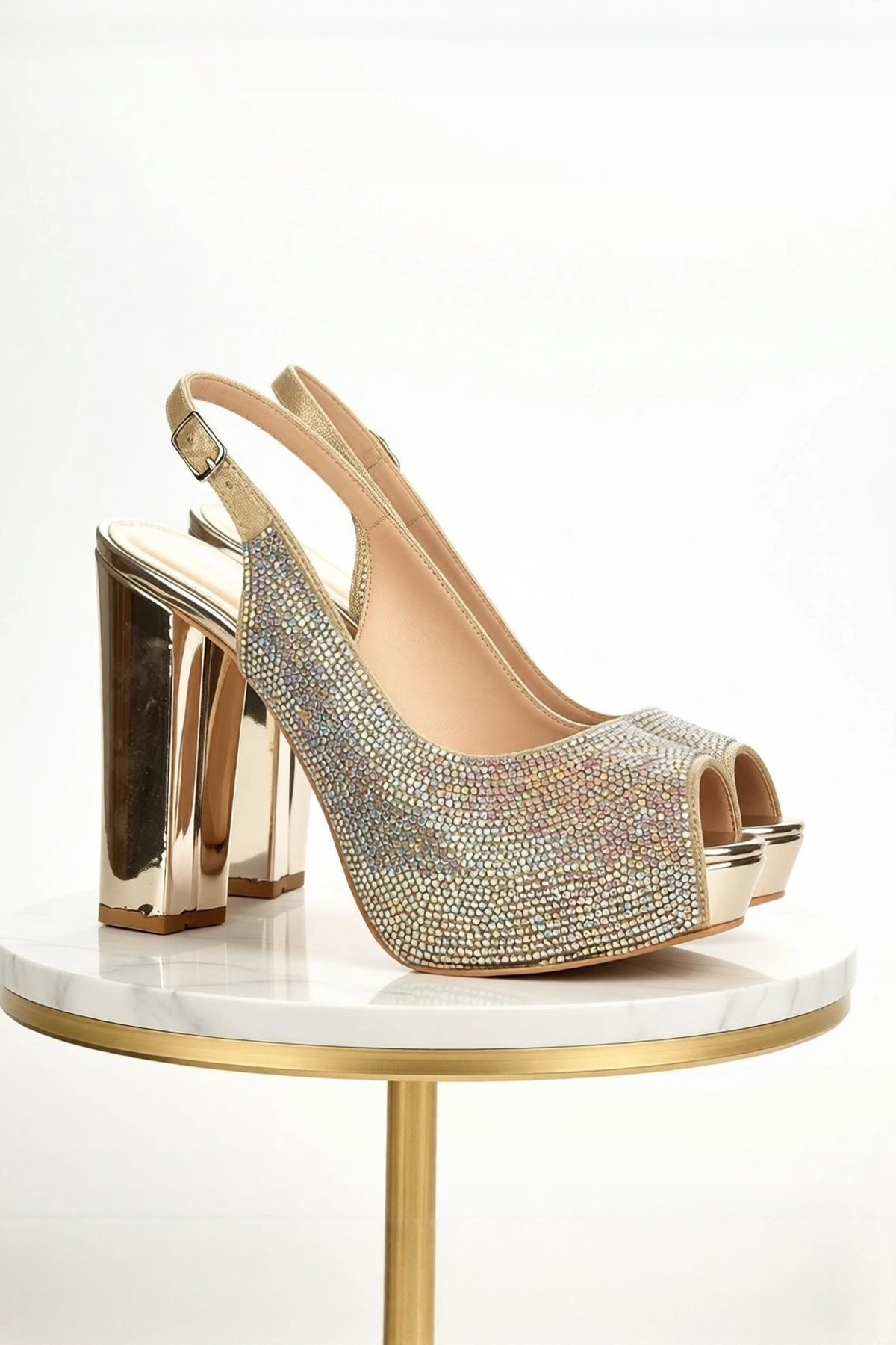 Kadın Moda Şık Gold Ayna Full Taş Yüksek Topuk Düğün Nişan Gece Abiye Ayakkabı