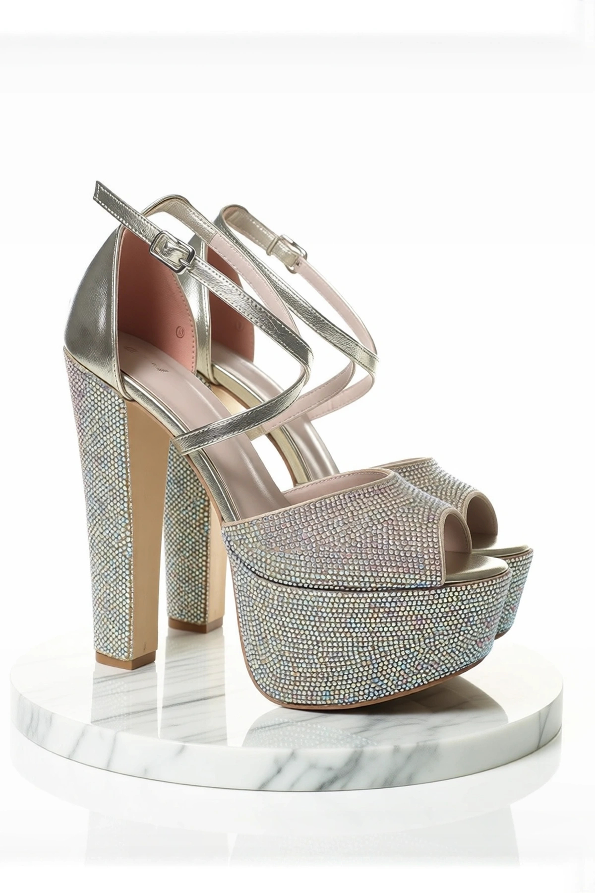 Kadın Moda Şık Gold Kristal Full Taş Topuklu Düğün Nişan Gece Abiye Ayakkabı