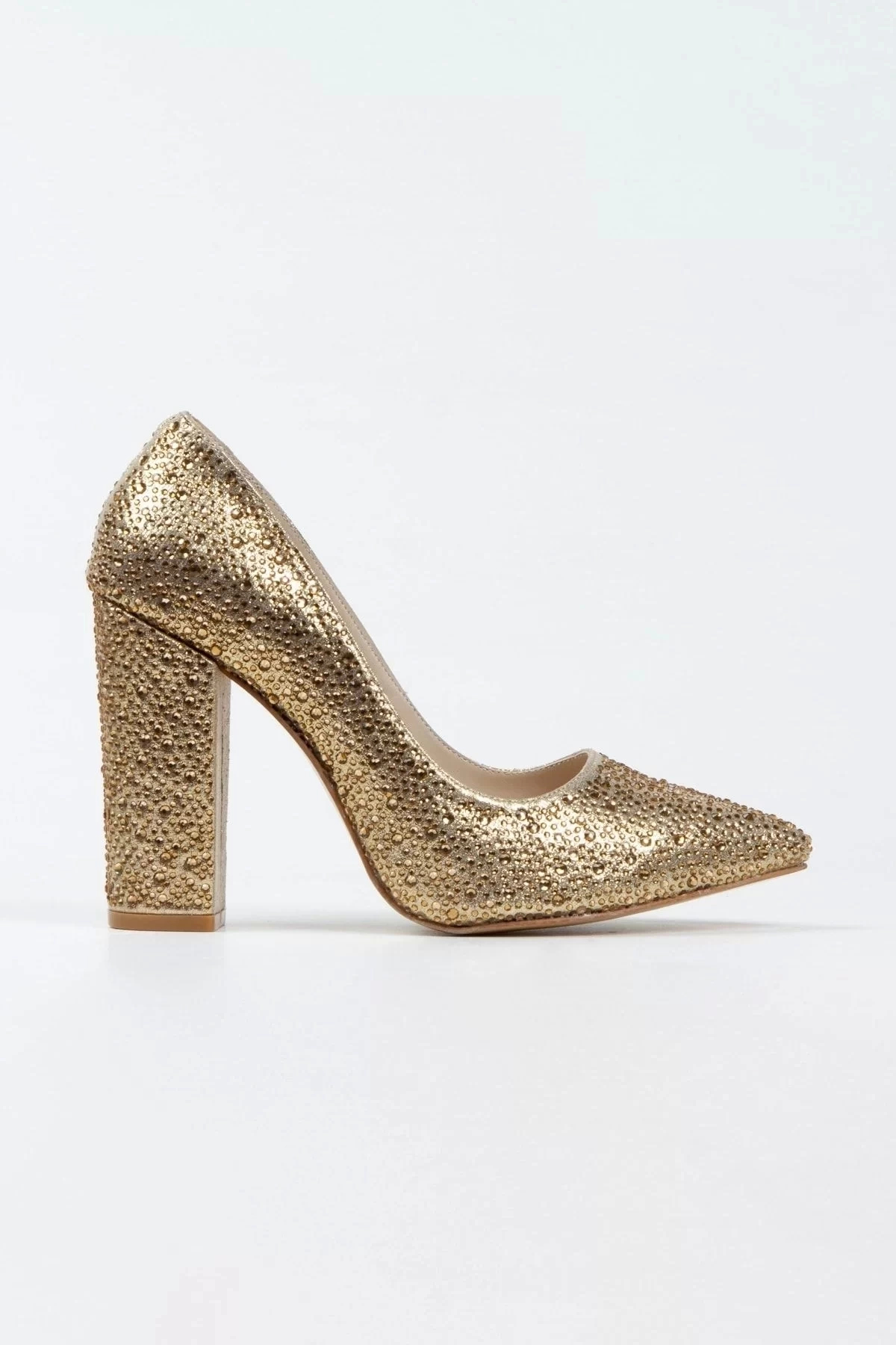 Kadın Moda Şık Gold Sultan Taşlı Klasik Sivri Kalın Düğün Nişan Gece Abiye Ayakkabı
