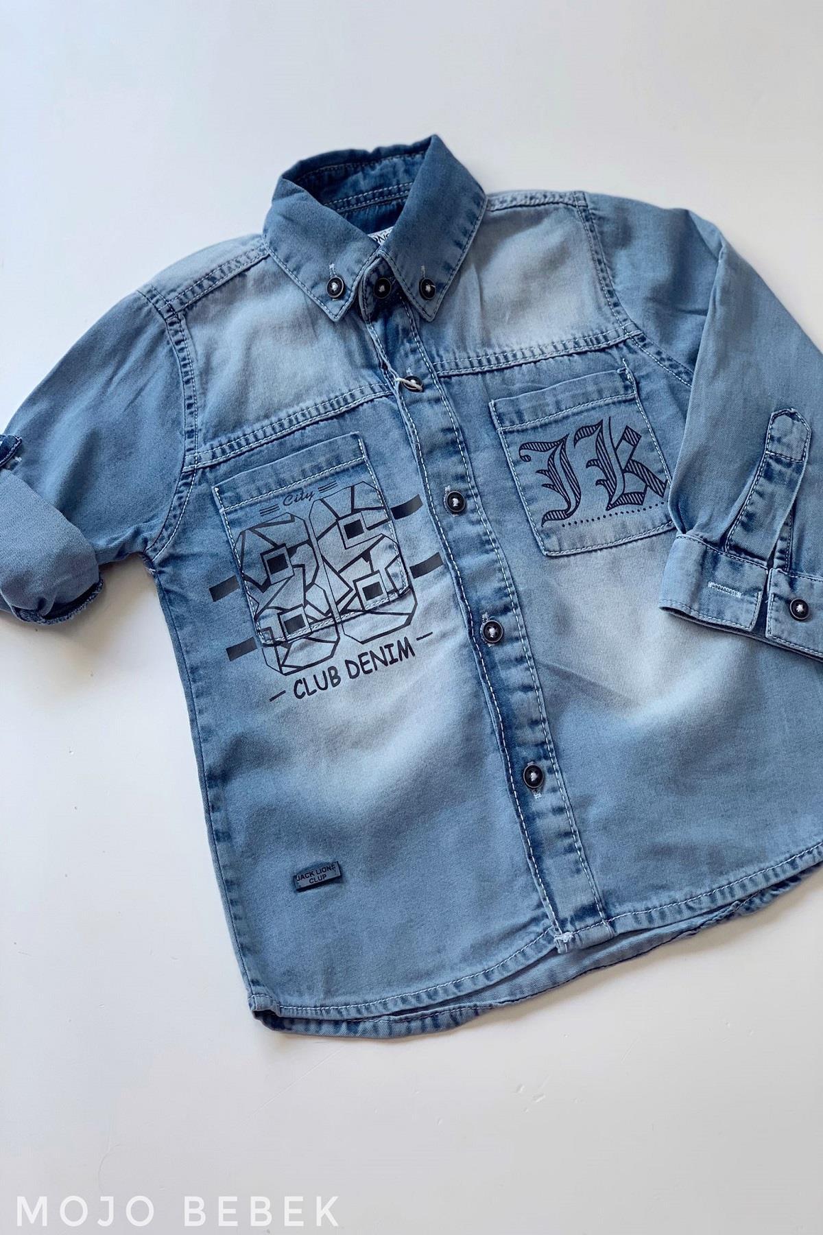 Mojo Bebek Mojo Erkek Bebek 1-4 Yaş Cepli Baskılı Kot Gömlek 20112 Mavi fotoğrafı 3 (önizleme)