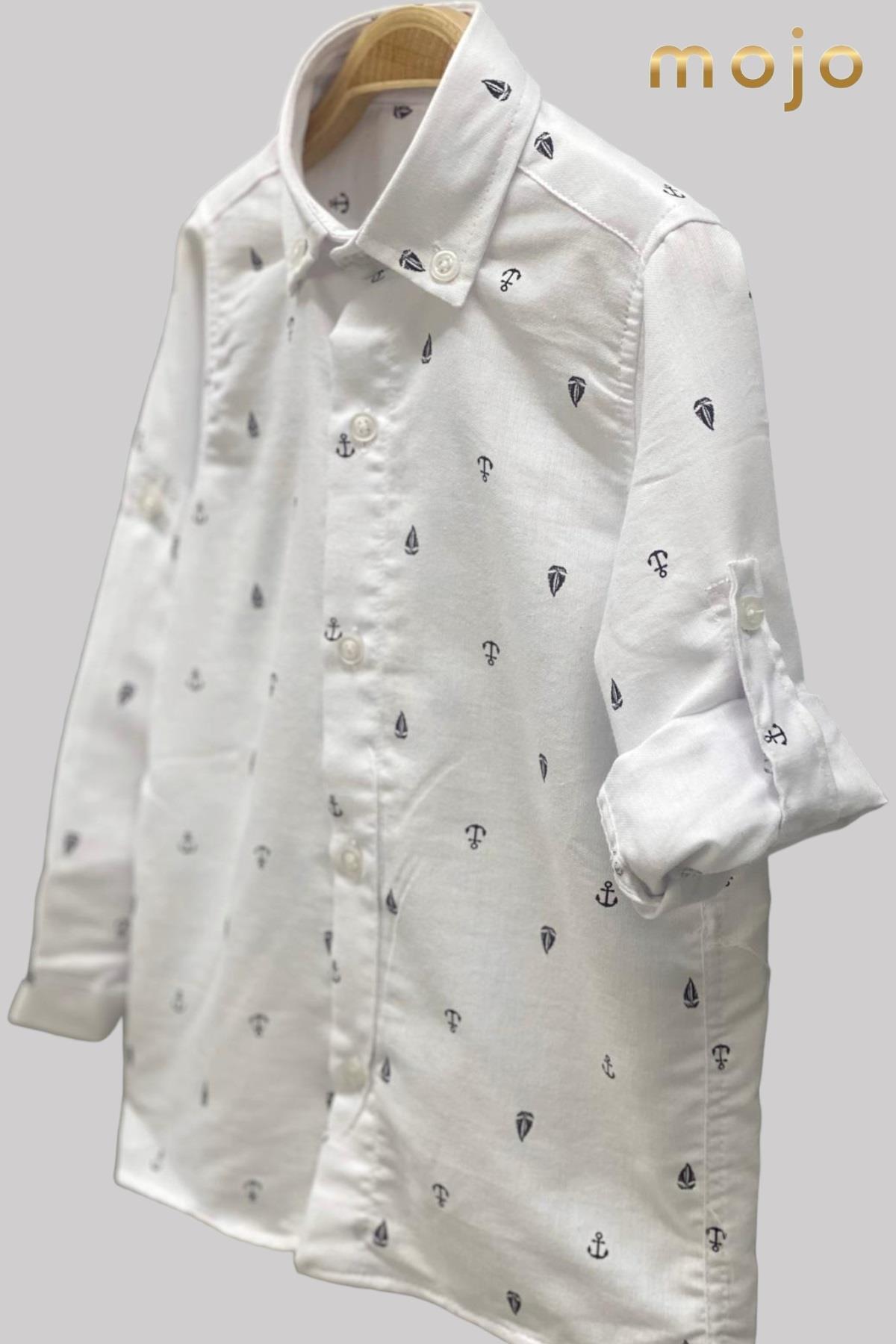 Woorage Erkek Bebek 1-5 Yaş Desenli Katlamalı Kol Gömlek 4015 Beyaz fotoğrafı 3 (önizleme)