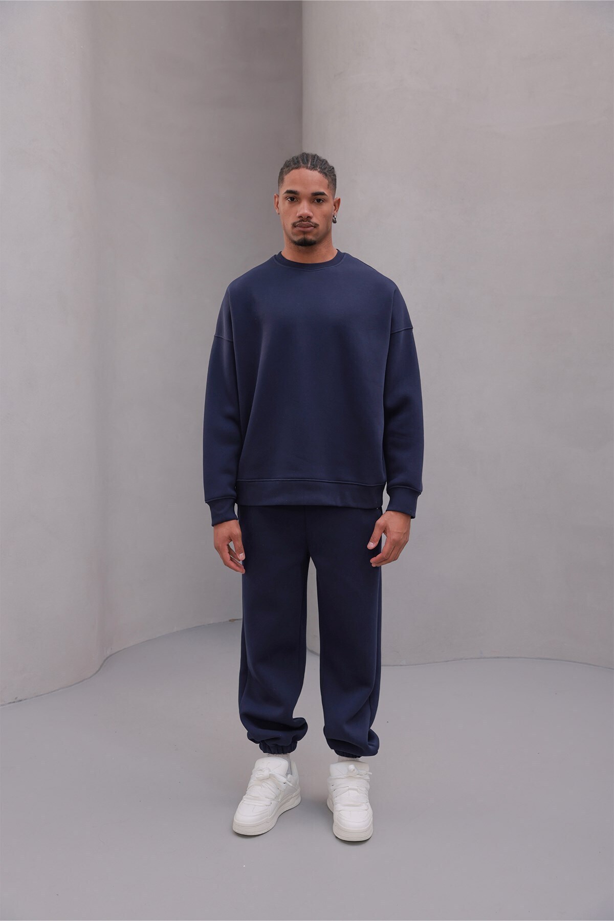 Erkek Oversize Eşofman Takımı Basic Lacivert – Bisiklet Yaka, Lastikli Paça, 3 İplik Polar — سرمه‌ای PRA-13125471-370246