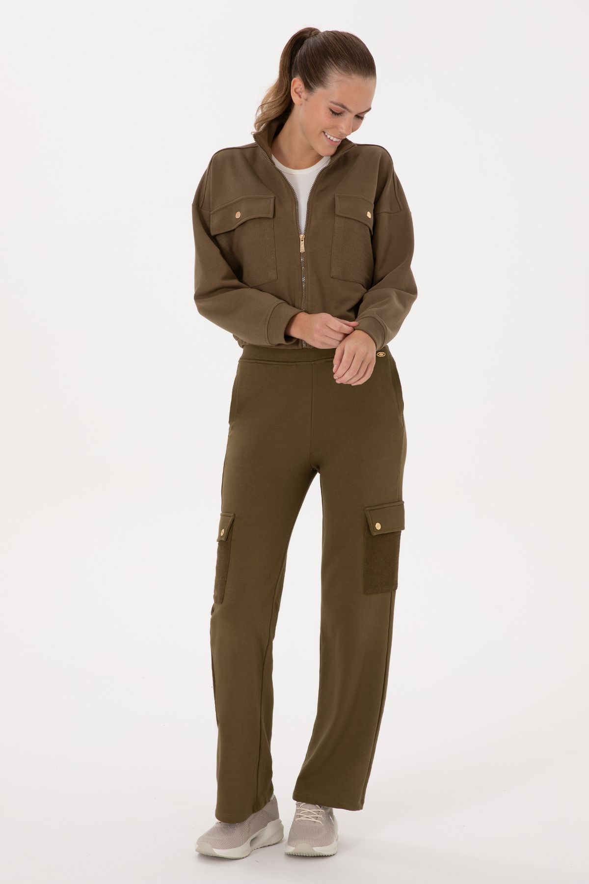 U.S. Polo Assn.  Kadın Haki Fermuarlı Dik Yaka Sweatshirt 50299001-VR027 - Görsel 4