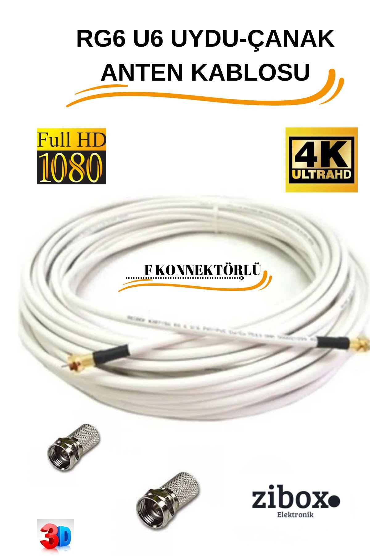 Zibox 10 Metre F Konnektörlü 64 Tel Rg6/u6 Full Hd 3d 4k Anten Tv Çanak Uydu Lnb Kablosu