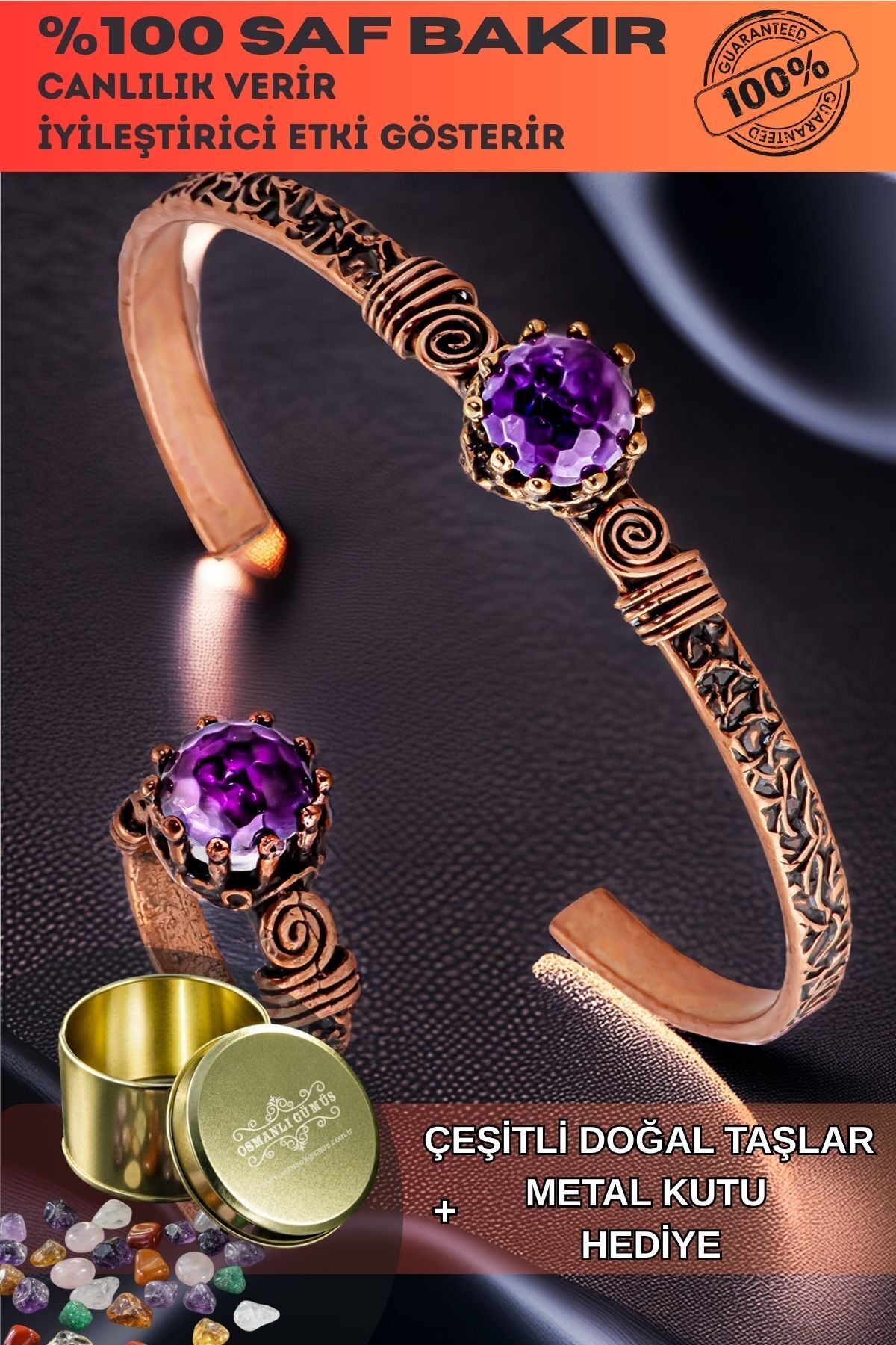 OSMANLI GÜMÜŞ Kadın Bakır Bileklik Yüzük Set - Ametist Taşlı Ağaç Kabuğu Model İnce Metal Kutu Kuvars Taşlı Set