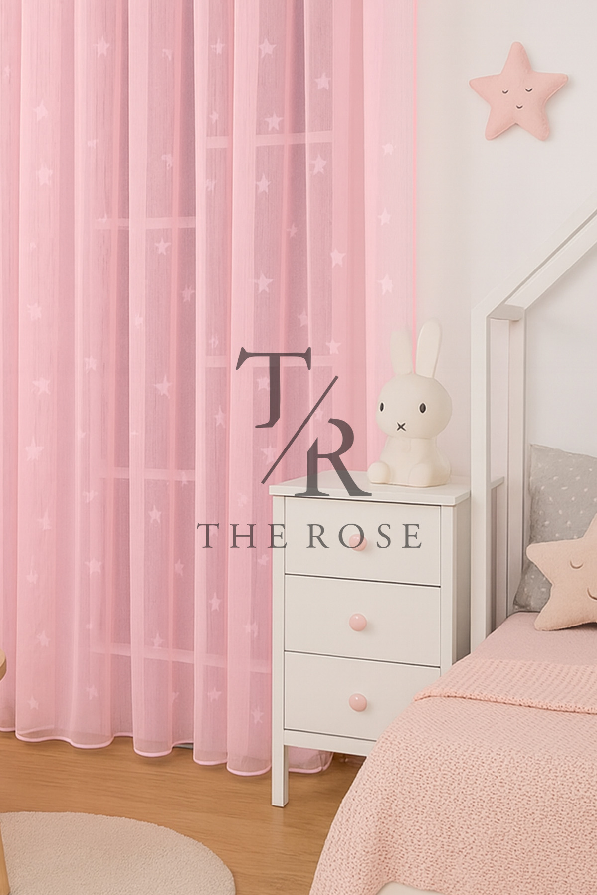 The Rose Pembe Yıldızlı Tül Perde, Kız Çocuk Odası, Sık Pile, Düz, Sade, Tül Perde, Kornişli, Yıldızlı fotoğrafı 3 (önizleme)