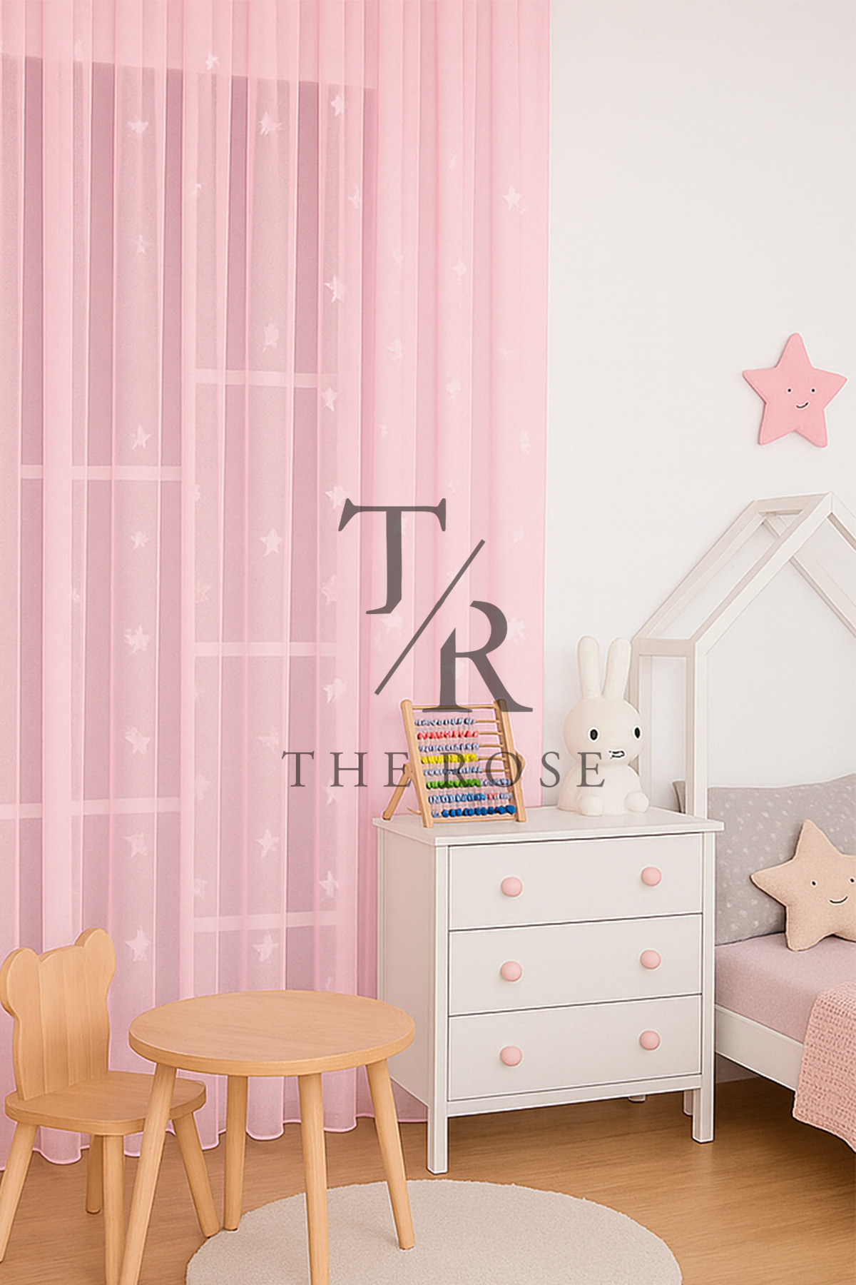 The Rose Pembe Yıldızlı Tül Perde, Kız Çocuk Odası, Sık Pile, Düz, Sade, Tül Perde, Kornişli, Yıldızlı fotoğrafı 2 (önizleme)