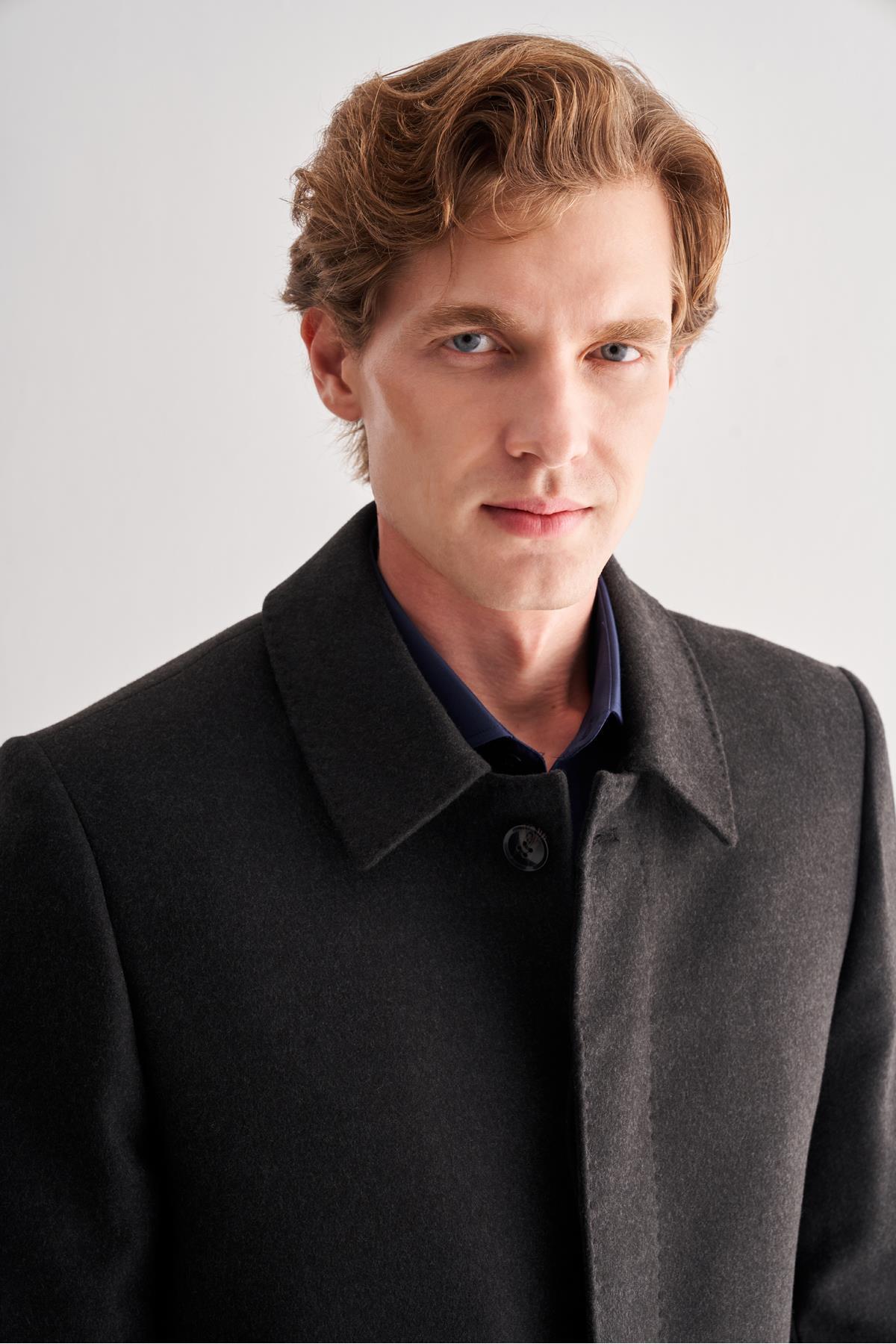 İmza  Koyu Antrasit Kaşe Bebe Yaka Kapitoneli Astar Comfort Fit Rahat Kesim Klasik Kaban 1008245161 - Görsel 4