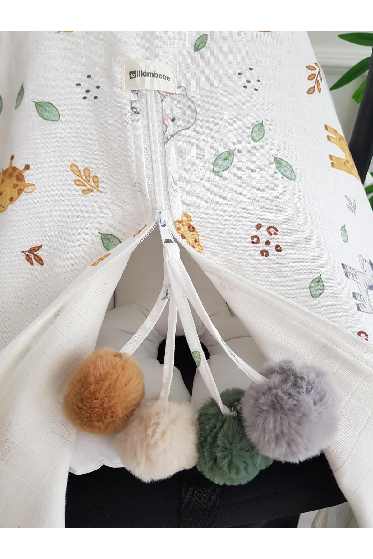 ib ilkimbebe Safari Hayvanlar Büyük Ponponlu Çift Taraflı Fermuarlı Bebek Puset Örtüsü ve Puset Minderi fotoğrafı 5 (önizleme)