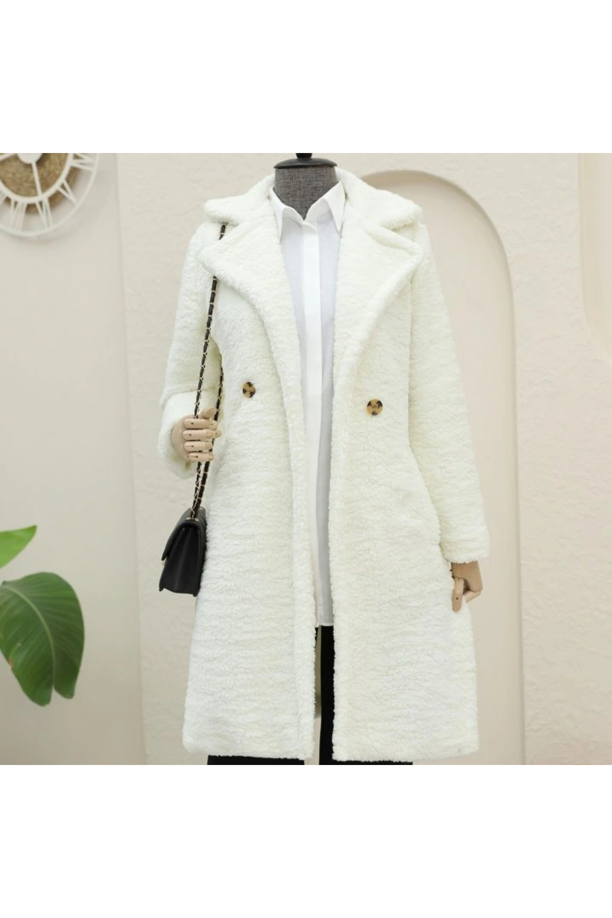 gl00my Çift Düğmeli Astarlı Yan Cepli Peluş Kaban -Ekru