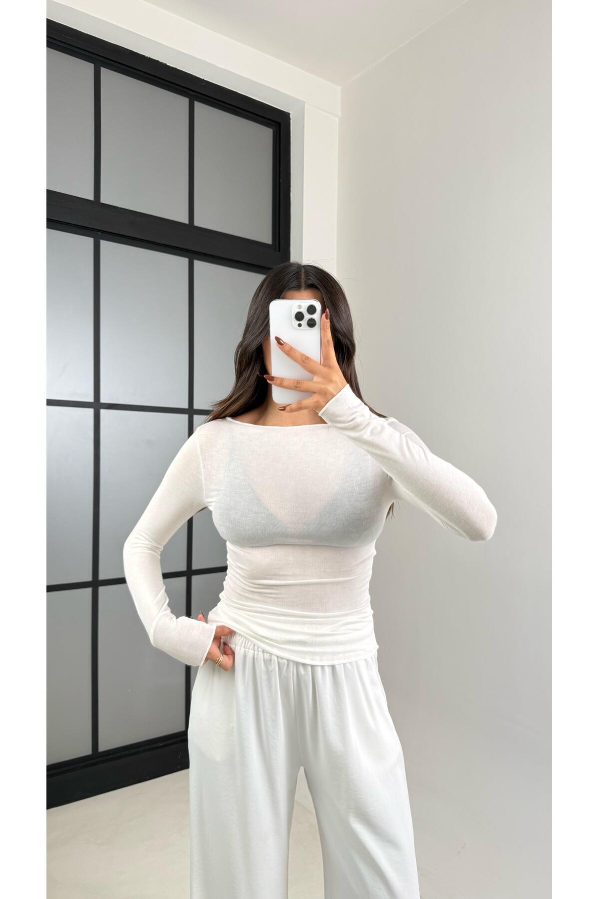 Gaus Ekru Kayık Yaka Muadil Kaşmir Dokulu Transparan Bluz GAUS-00455 görsel 2