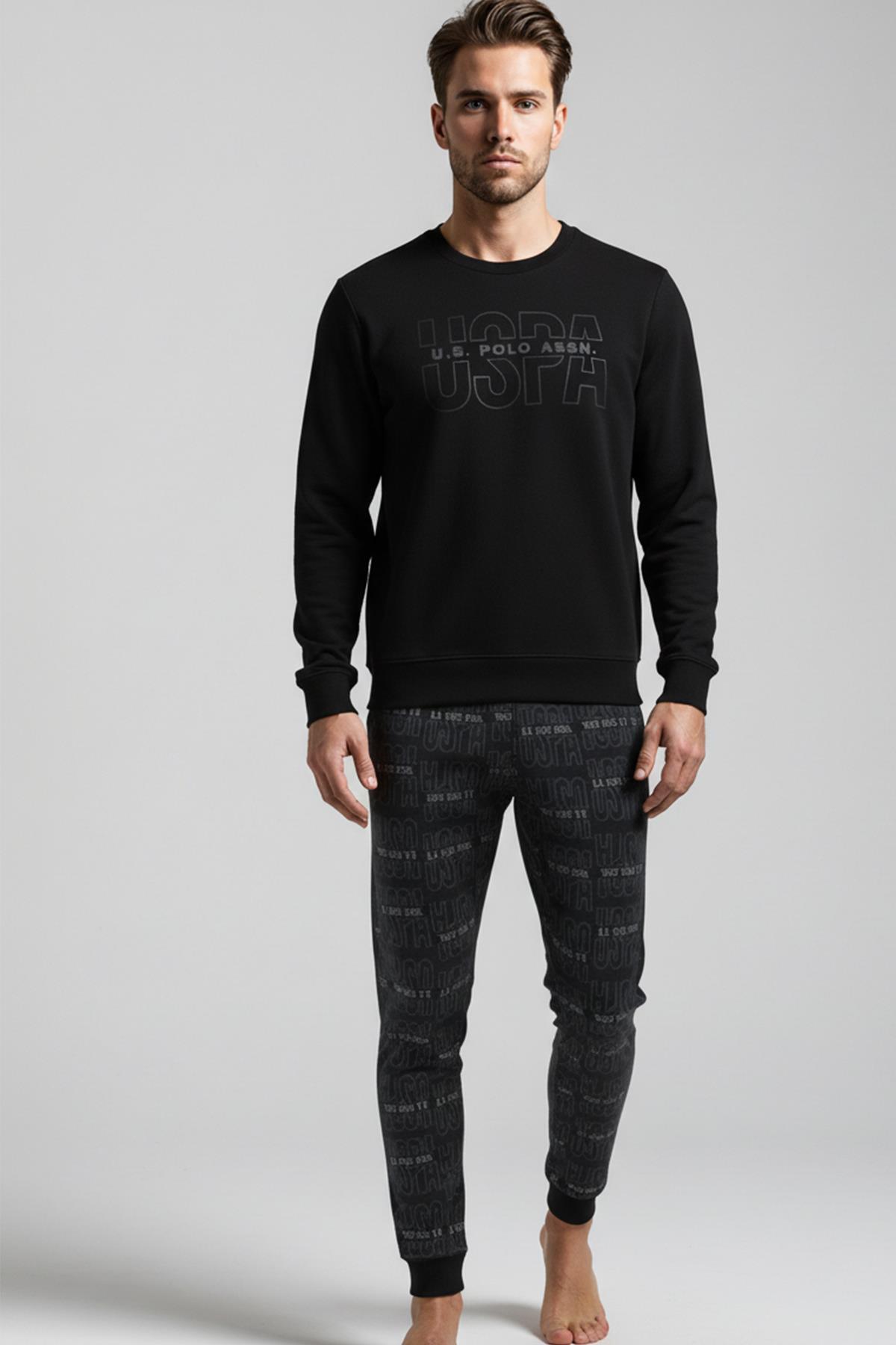 یو اس پولو ست لباس خواب مردانه طرح‌دار یقه گرد آستین بلند مشکی با لبه کشی C8T6N981