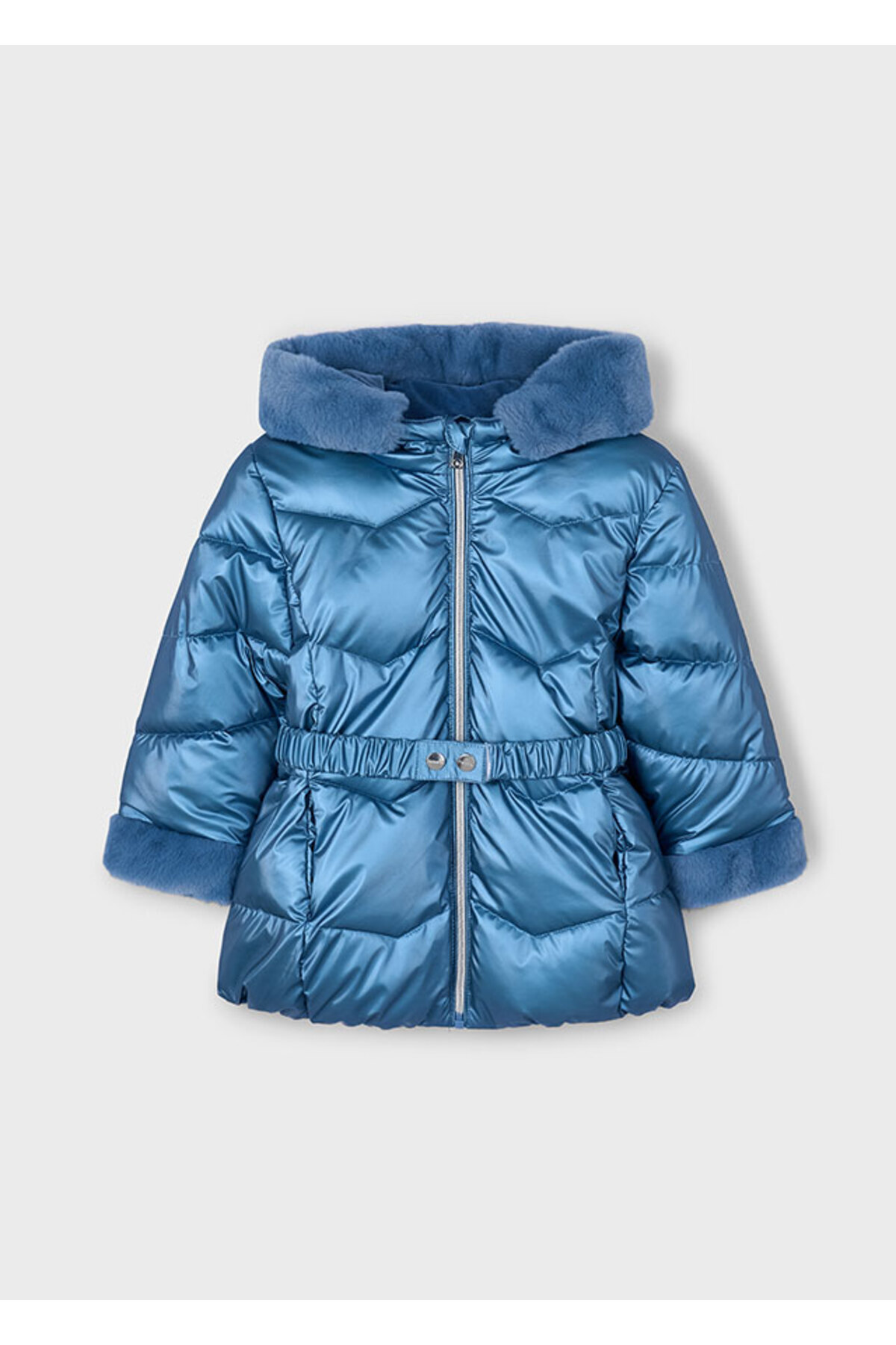 مایورال کاپشن دخترانه، کلاه‌دار آبی روشن، آستر پشمی، ضد آب و بادگیر، مناسب برای سنین ۴ تا ۱۰ سال