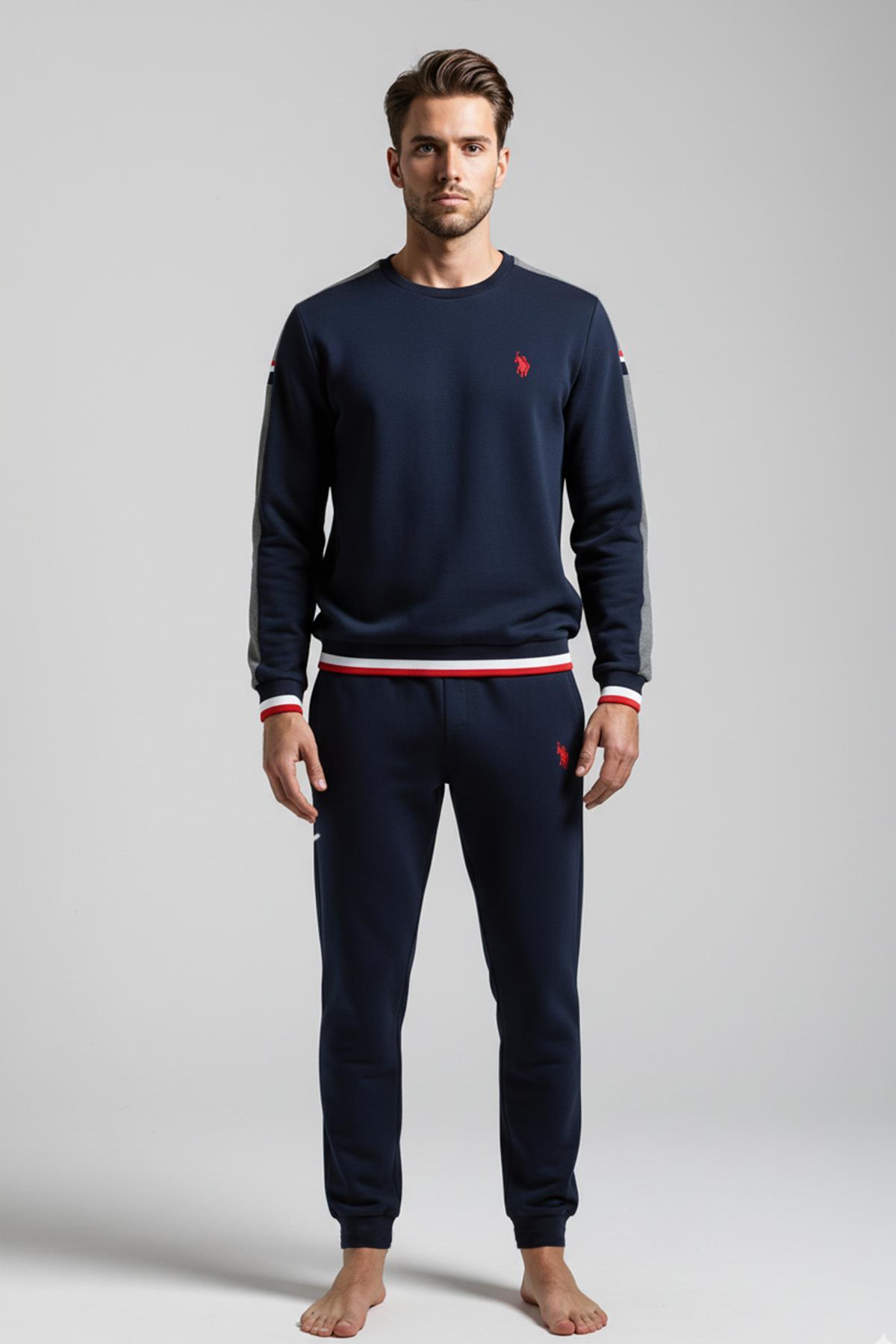 یو اس پولو ست لباس خواب مردانه آستین بلند سرمه‌ای با جزئیات راه راه و لبه کشسان C1T3N981