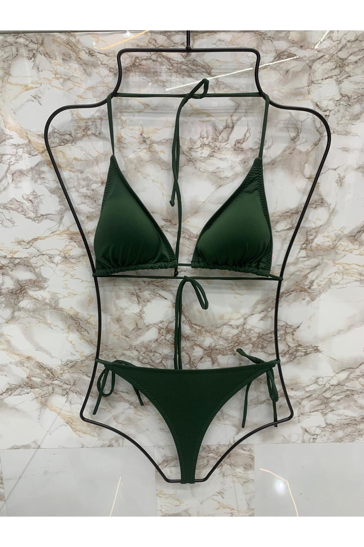 Genel Markalar Kadın Haki Likralı String Yandan Ve Boyundan Bağlama İpli Tanga Bikini Takım