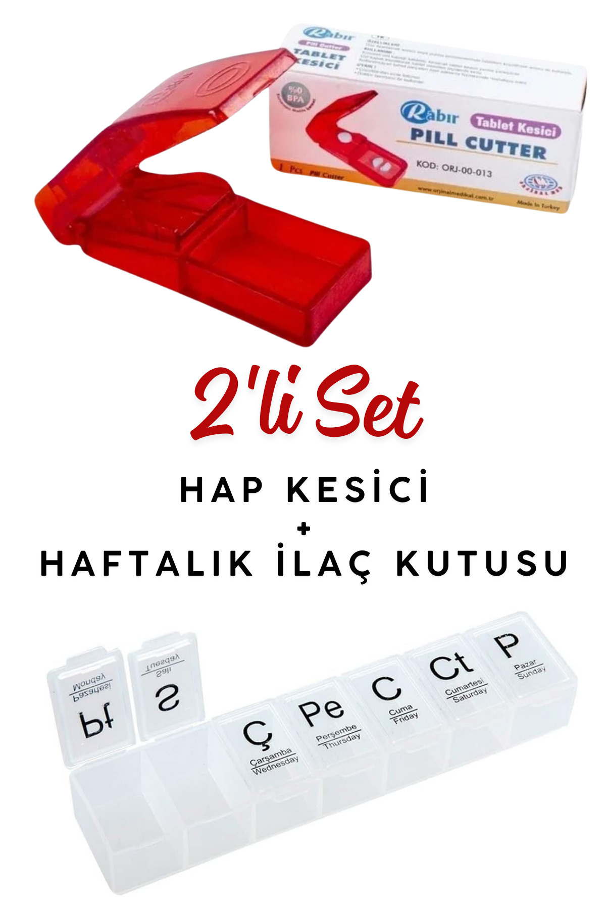MultiTrendy Haftalık 7 Bölmeli Hap Kutusu ve İlaç Kesme Aparatı | 2’li Set Pratik İlaç Düzenleyici