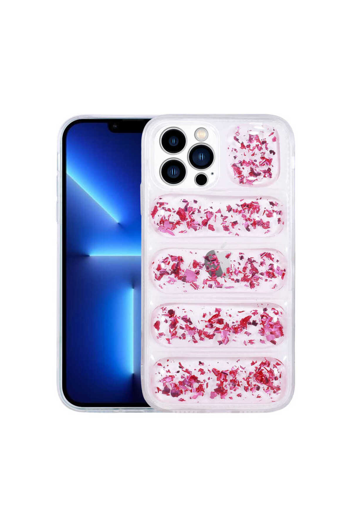 iPhone 13 Pro Uyumlu Kamera Korumalı Simli AiHTTg'li TYGO Dalga Kılıf-Pembe Koyu