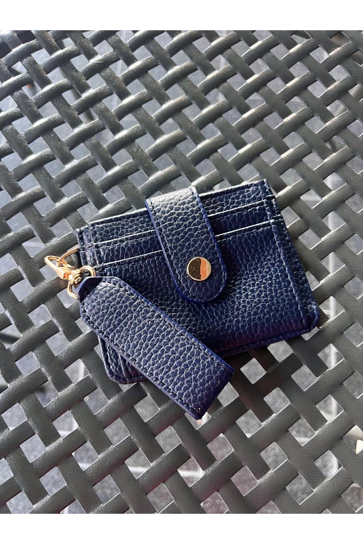 SHIKIRTI BAG STORE Lacivert Renk Soft Suni Deri Anahtarlık ve Kartlık Detaylı Cüzdan-Kartlık (Kutulu Gönderim)