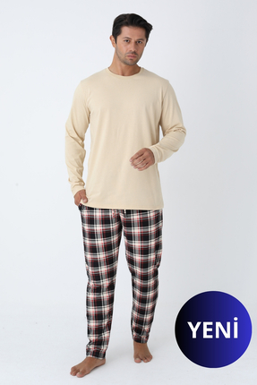 DOFİ Erkek Bisiklet Yaka Ekose Pijama Takımı – Cep Detaylı, Kordonlu, Gri Mel...