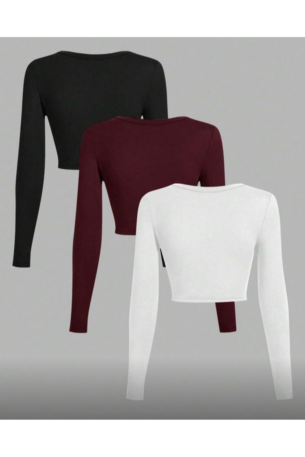 MİLYA&GYM Kadın 3'Lü Paket Pamuklu Vücudu saran fitilli kumaş KARE YAKA UZUN KOLLU crop bluz görsel 2