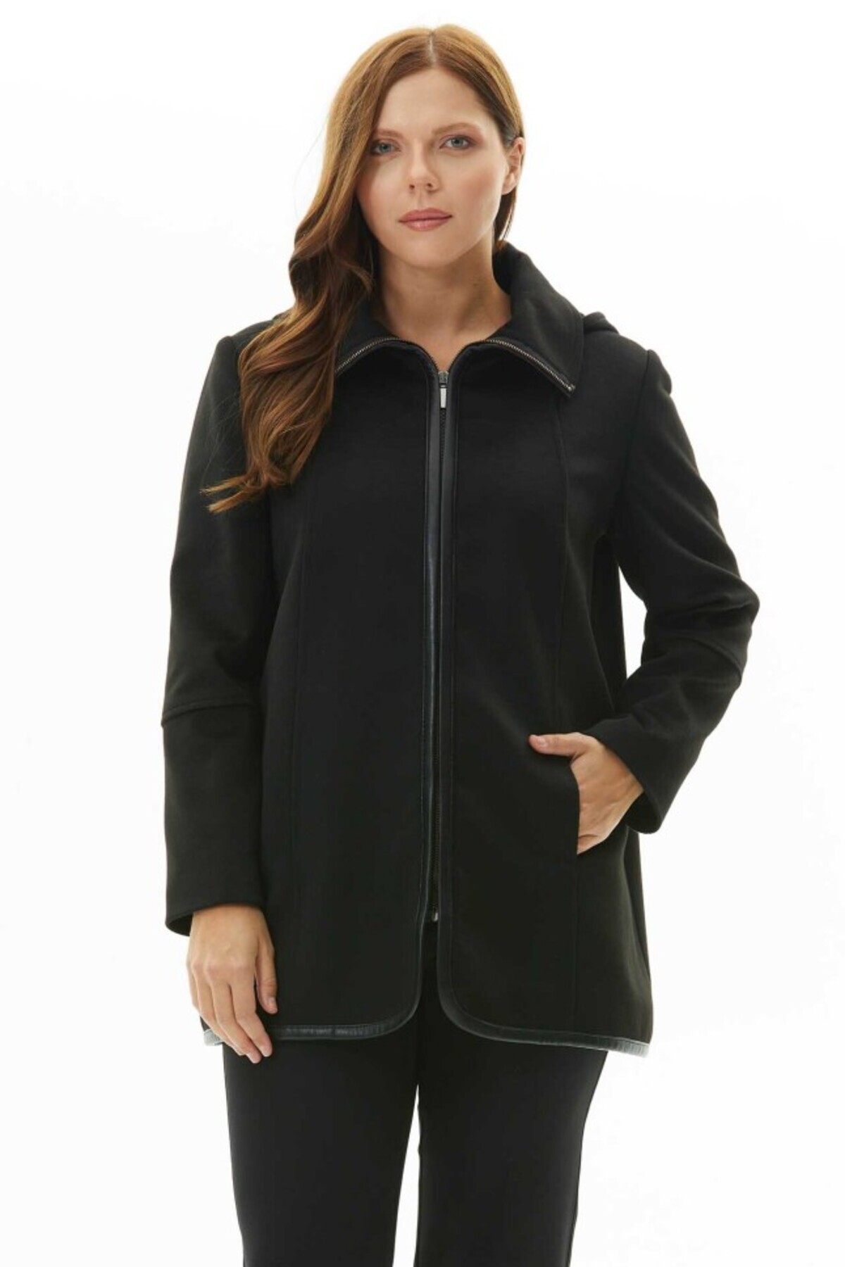 Selen Giyim Büyük Beden Önü Fermuarlı Deri Biyeli Kaban