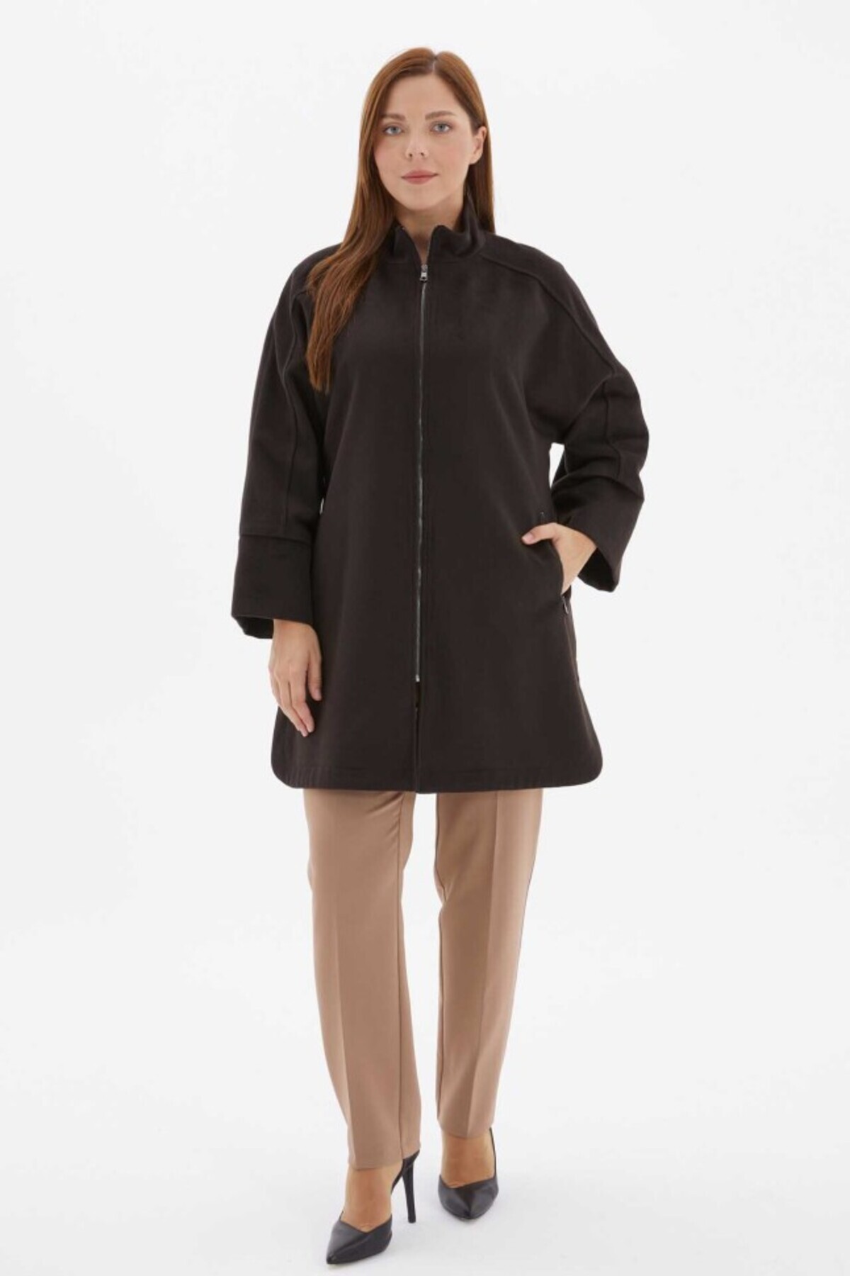 Selen Giyim Büyük Beden Fermuarlı Yanları Yuvarlak Kaban