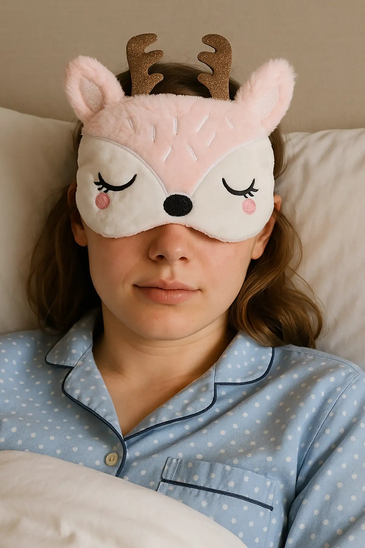 BearPear Ren Geyiği Pembe Peluş Uyku Maskesi Uyku Bandı Göz Bandı